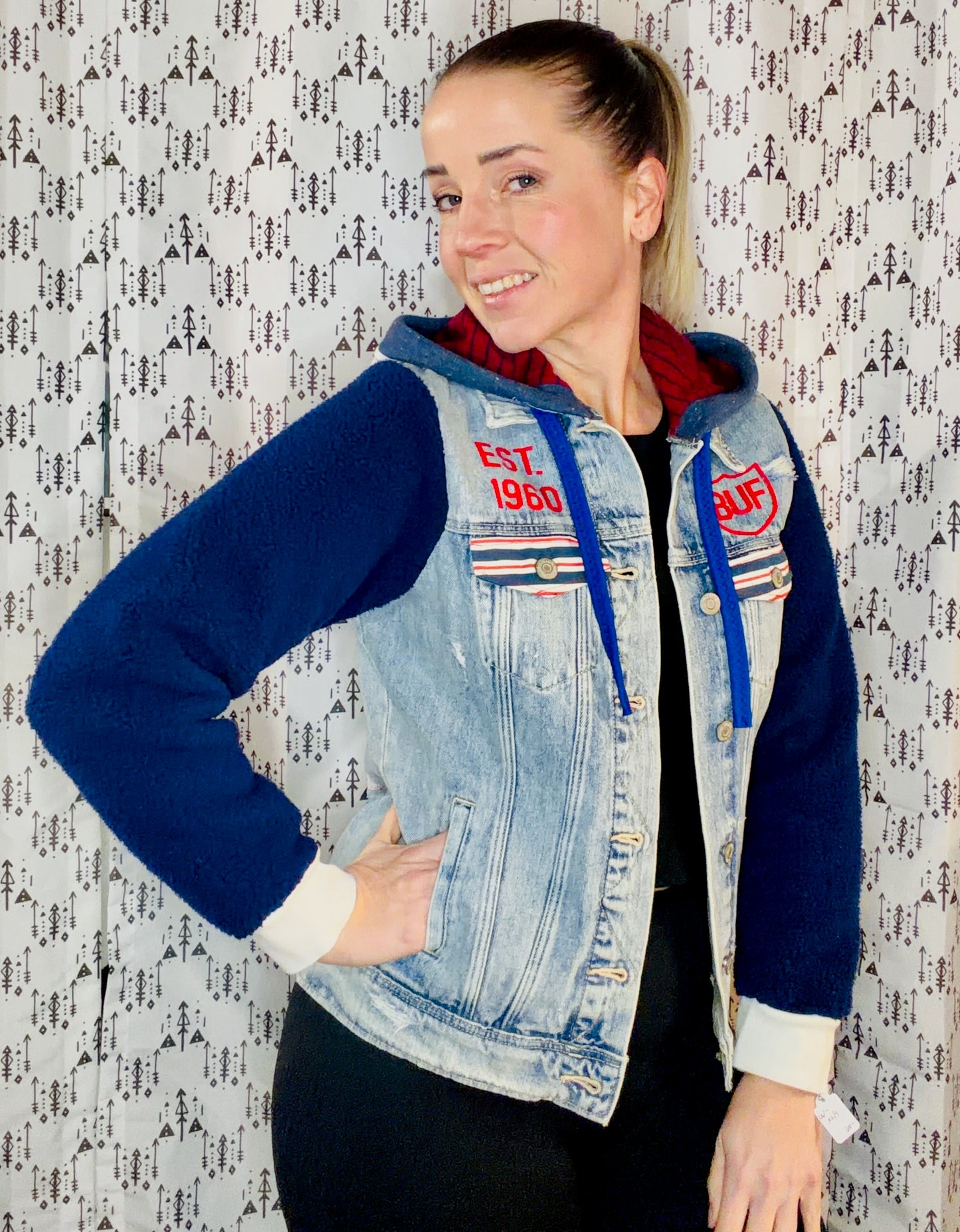 Blue Sherpa & Denim Buffalo Football Hooded Jacket Size- Women's XS/S