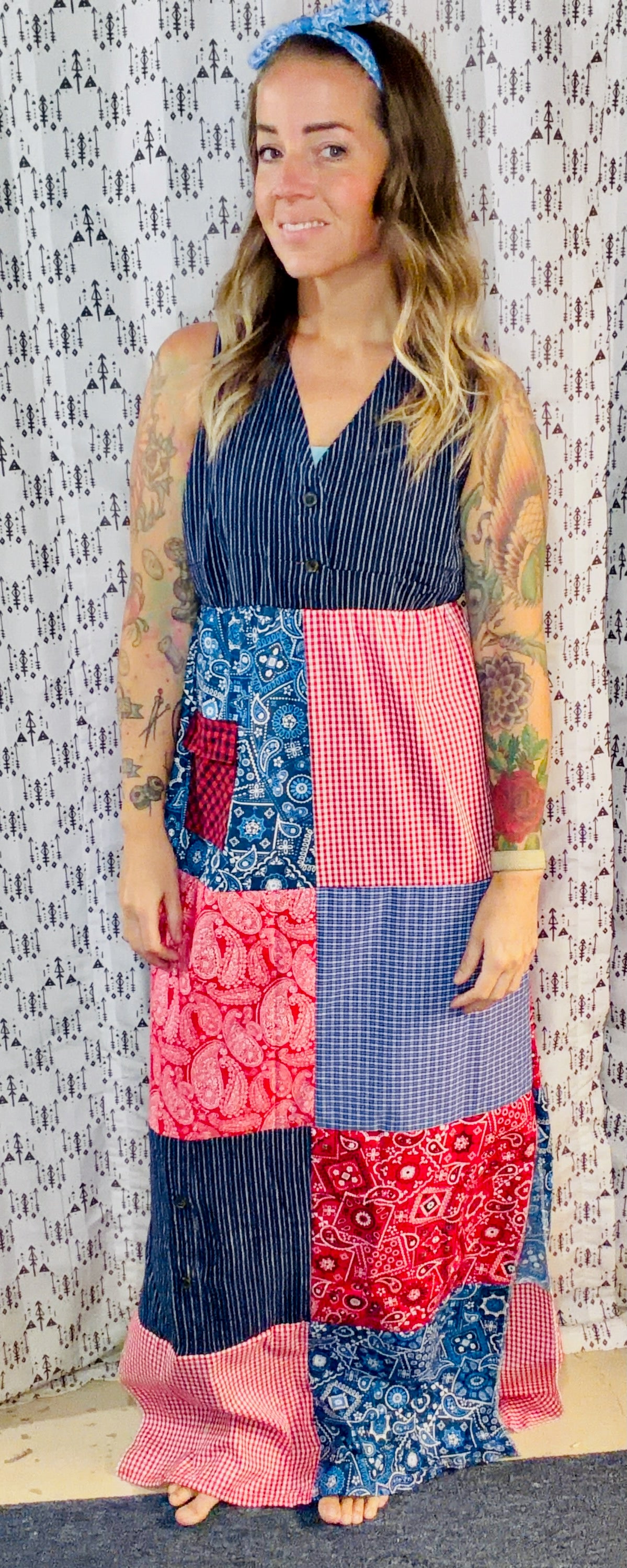 Blue & Red Patchwork Maxi Dress Size- S/M