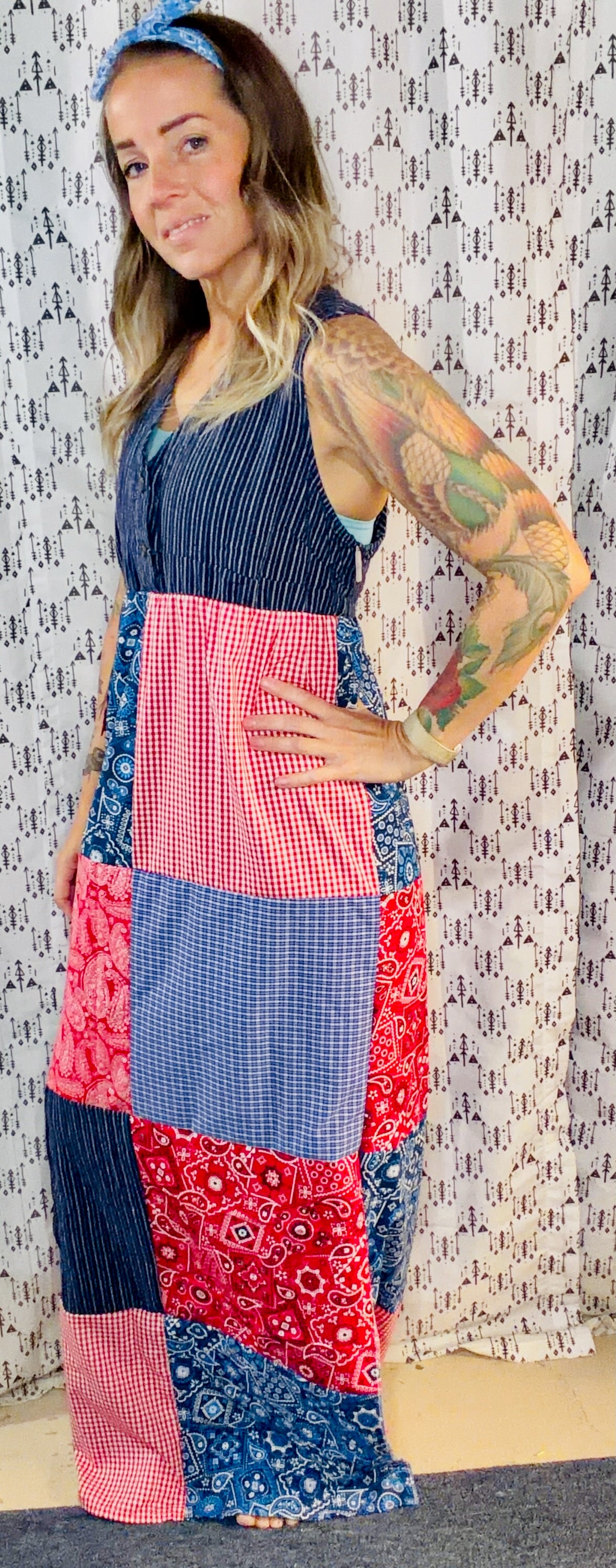 Blue & Red Patchwork Maxi Dress Size- S/M