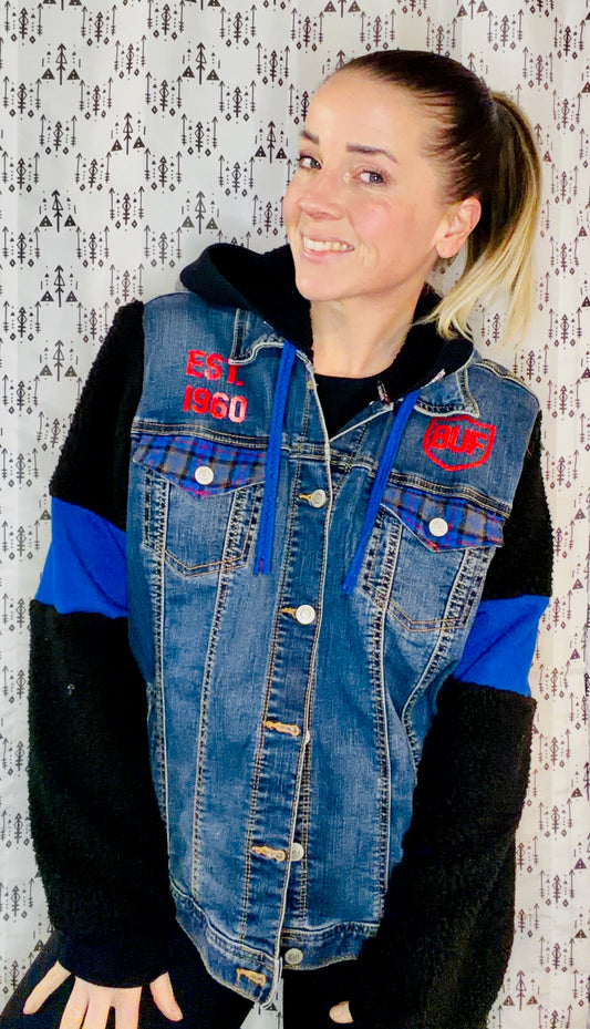 Black Sherpa & Denim Buffalo Football Hooded Jacket Size- Women's L/XL