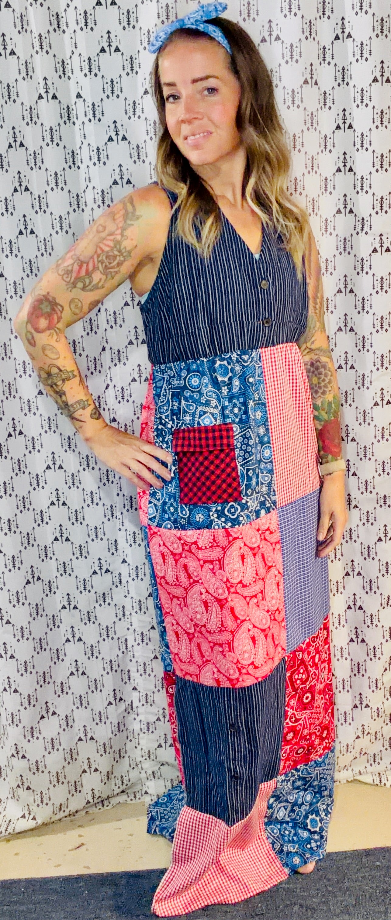 Blue & Red Patchwork Maxi Dress Size- S/M