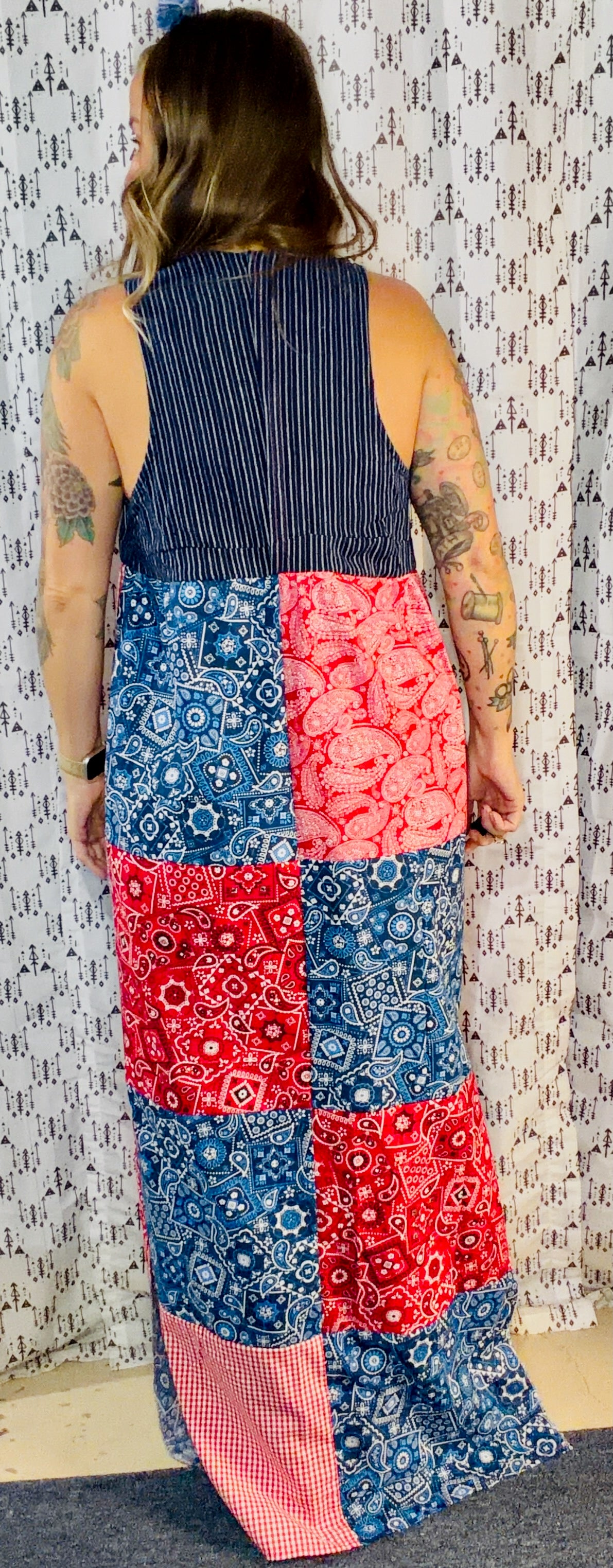 Blue & Red Patchwork Maxi Dress Size- S/M