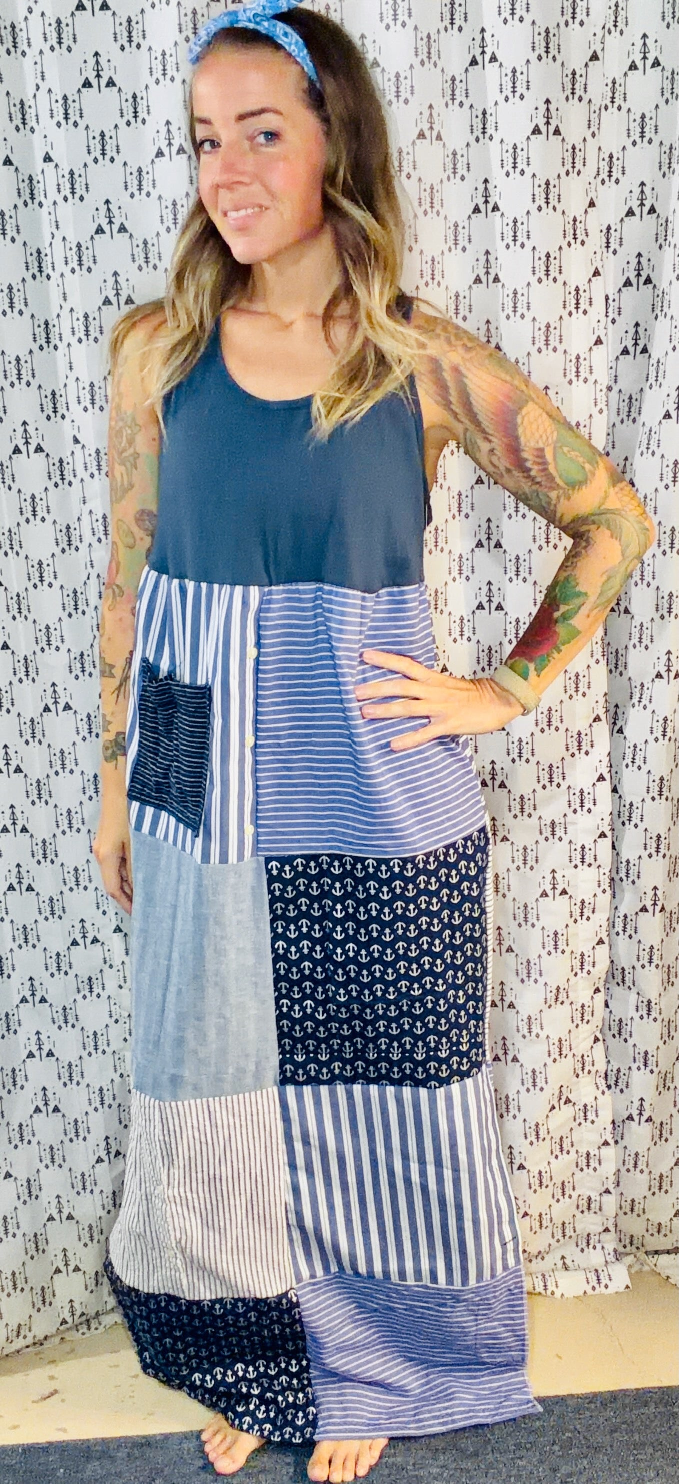 Blue Patchwork Maxi Dress Size- M/L