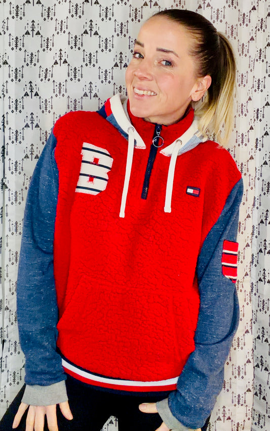 Red Sherpa Striped Patchwork Buffalo 1/4 Zip Hoodie Size Women's- L/XL