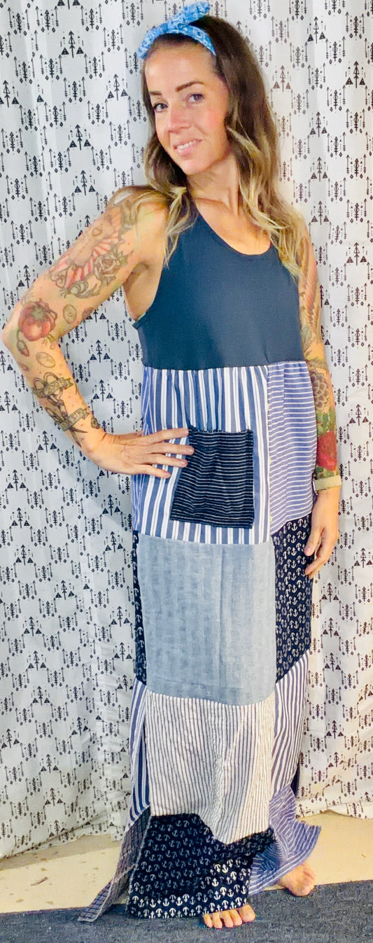 Blue Patchwork Maxi Dress Size- M/L