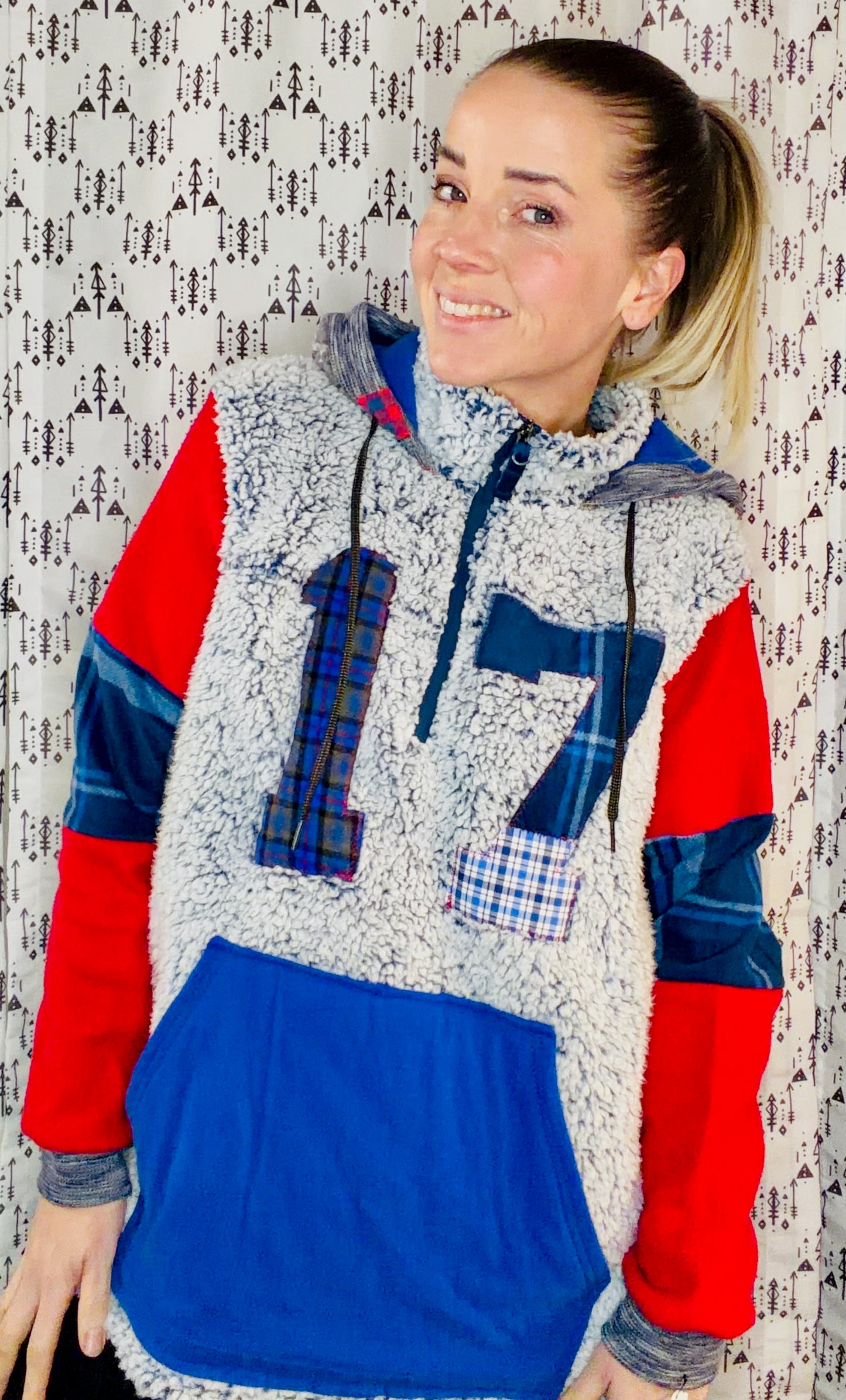 Blue Sherpa Plaid Patchwork #17 1/4 Zip Hoodie Size Women's-XL/2X