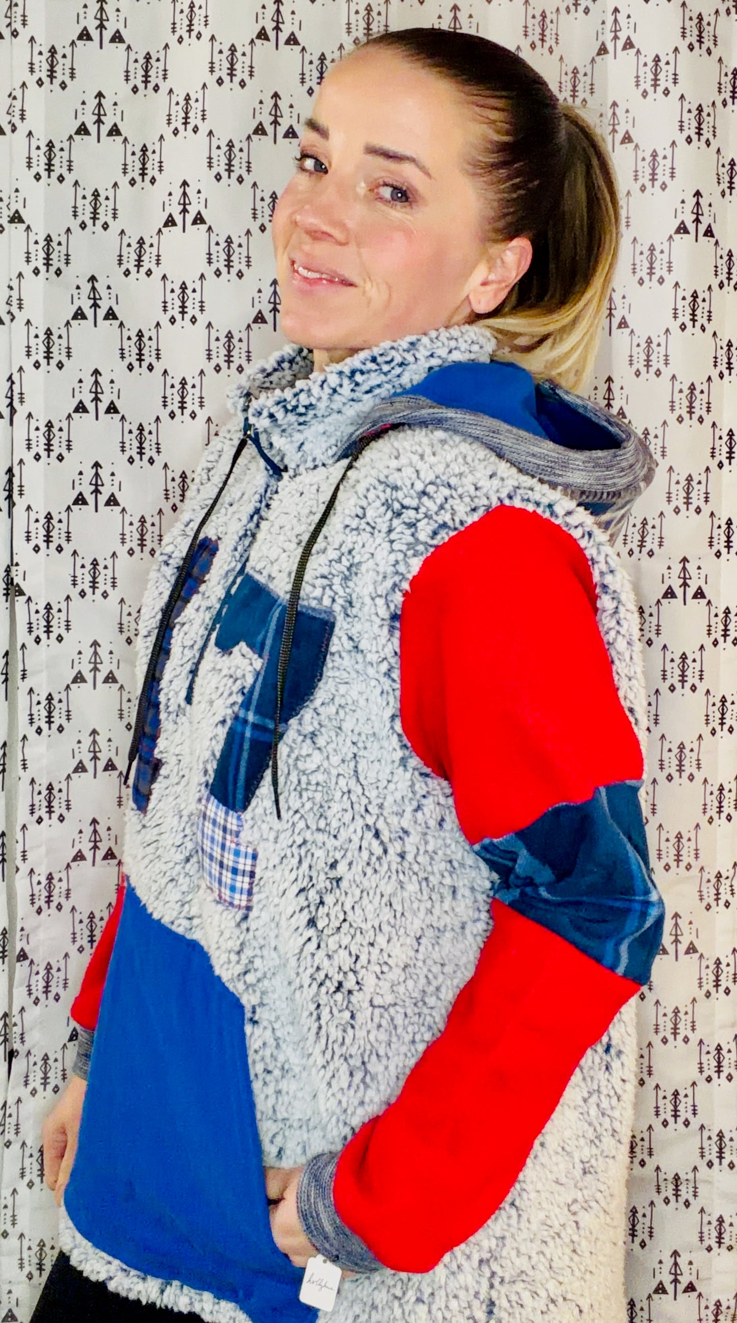 Blue Sherpa Plaid Patchwork #17 1/4 Zip Hoodie Size Women's-XL/2X