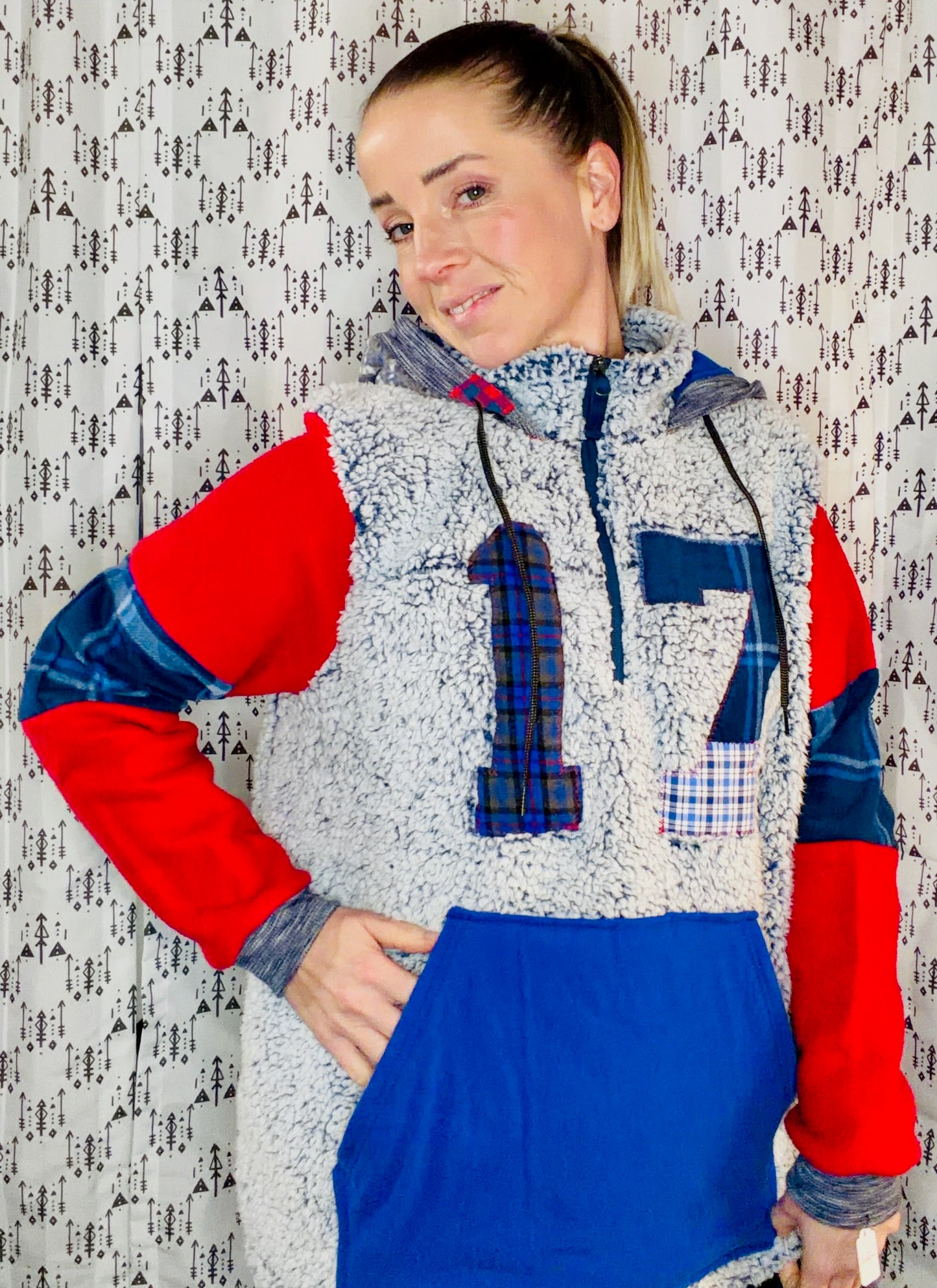 Blue Sherpa Plaid Patchwork #17 1/4 Zip Hoodie Size Women's-XL/2X