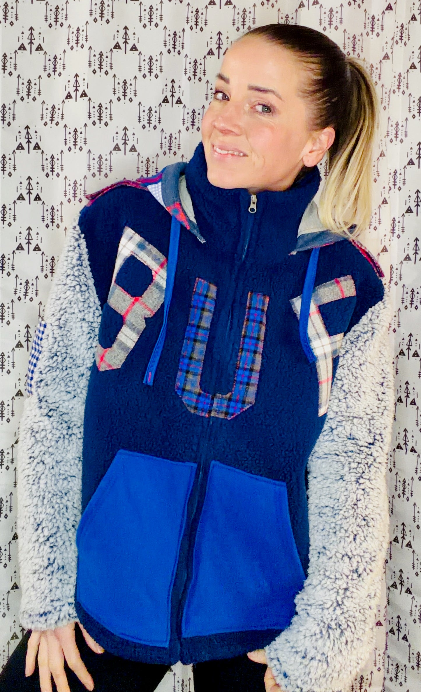 Blue Sherpa Plaid Patchwork BUF Zip-Up Hoodie Size Women's-L/XL