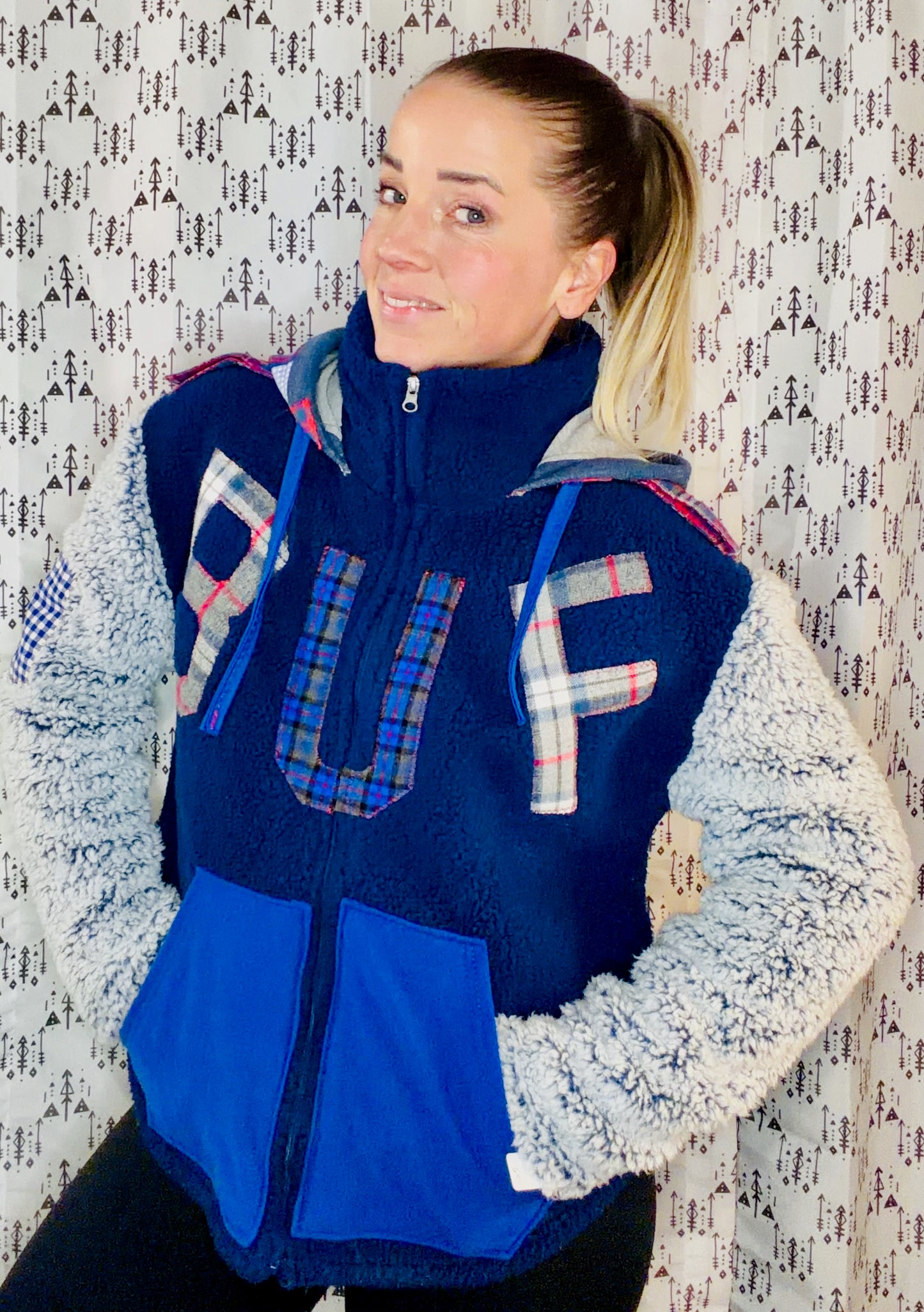 Blue Sherpa Plaid Patchwork BUF Zip-Up Hoodie Size Women's-L/XL