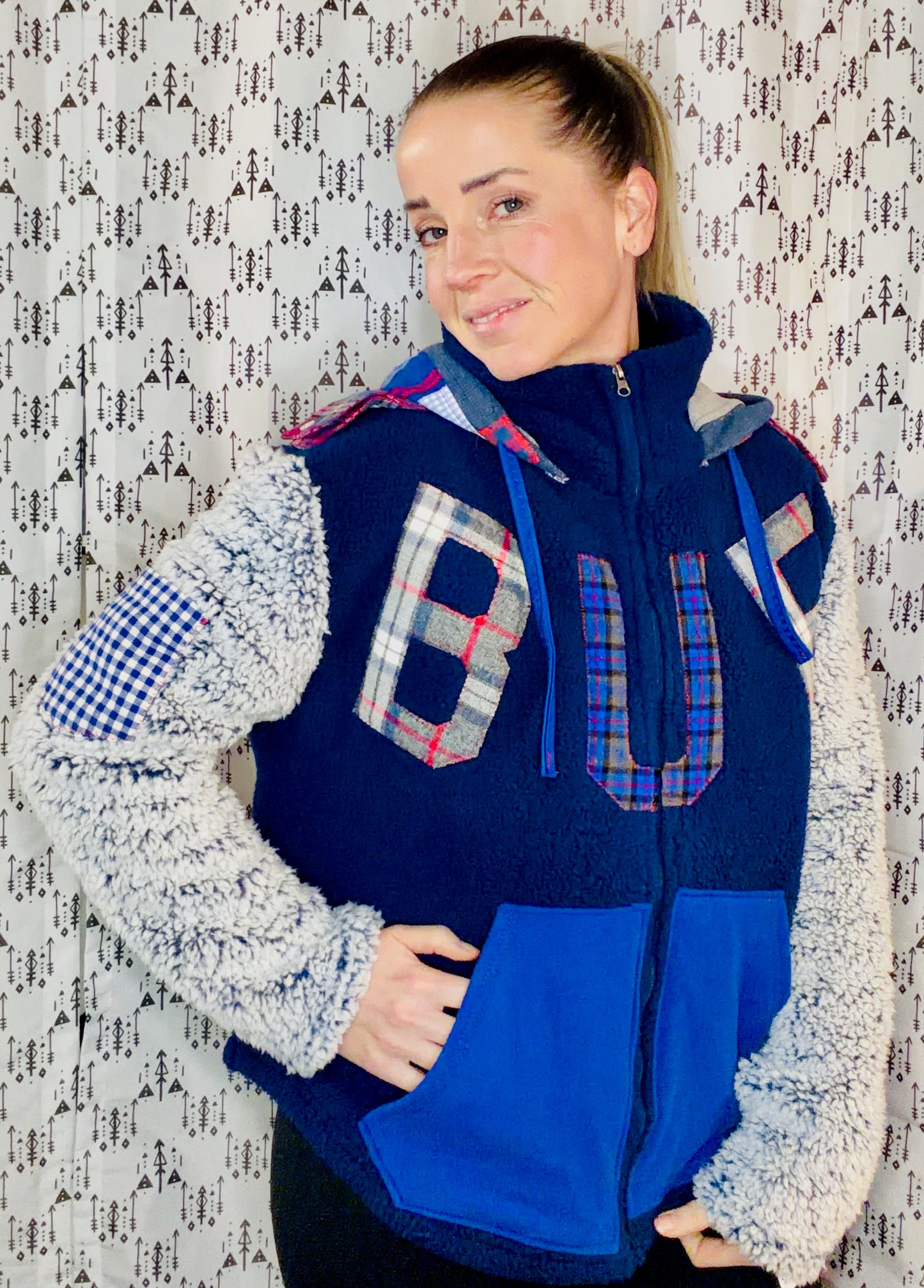 Blue Sherpa Plaid Patchwork BUF Zip-Up Hoodie Size Women's-L/XL