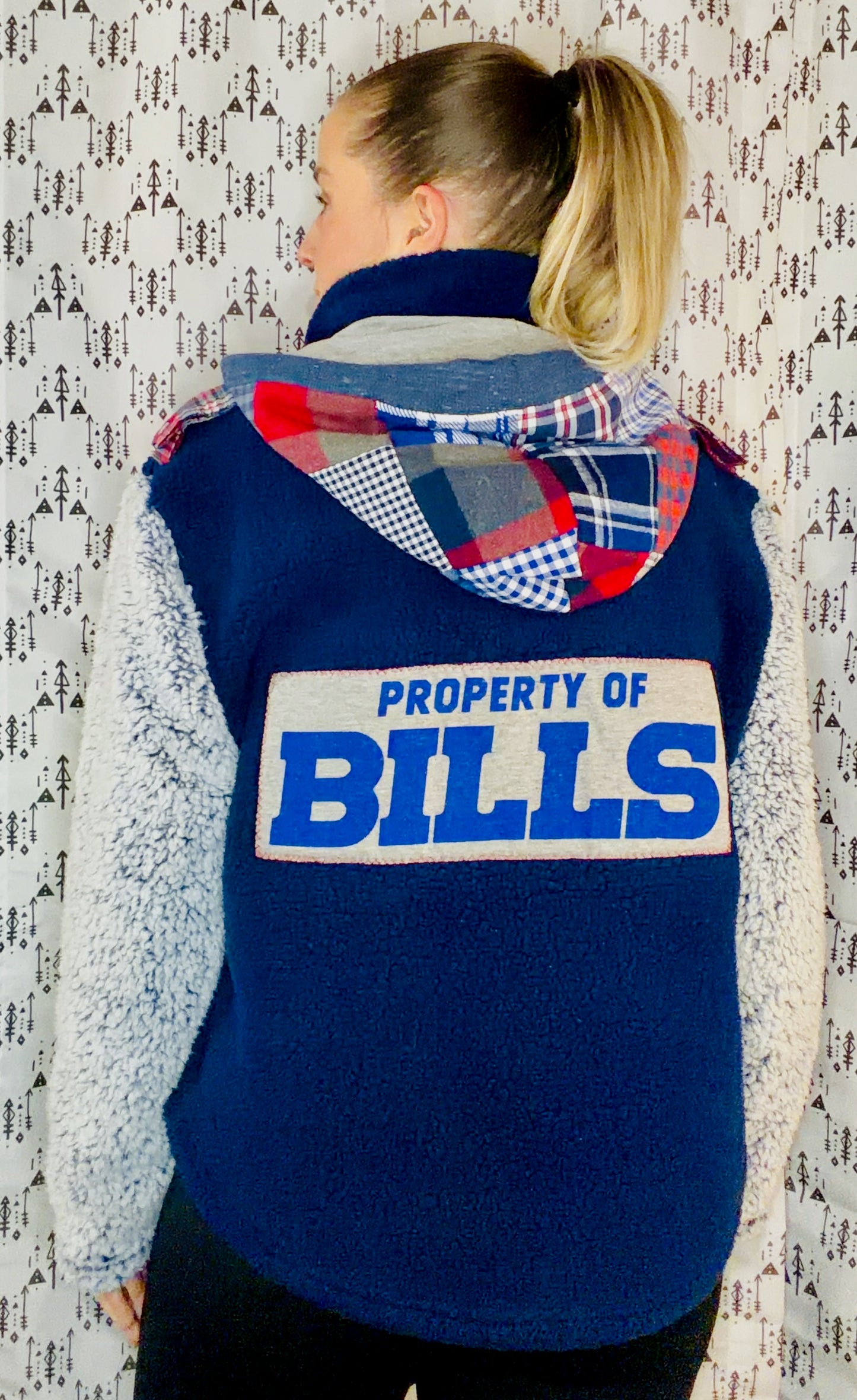 Blue Sherpa Plaid Patchwork BUF Zip-Up Hoodie Size Women's-L/XL