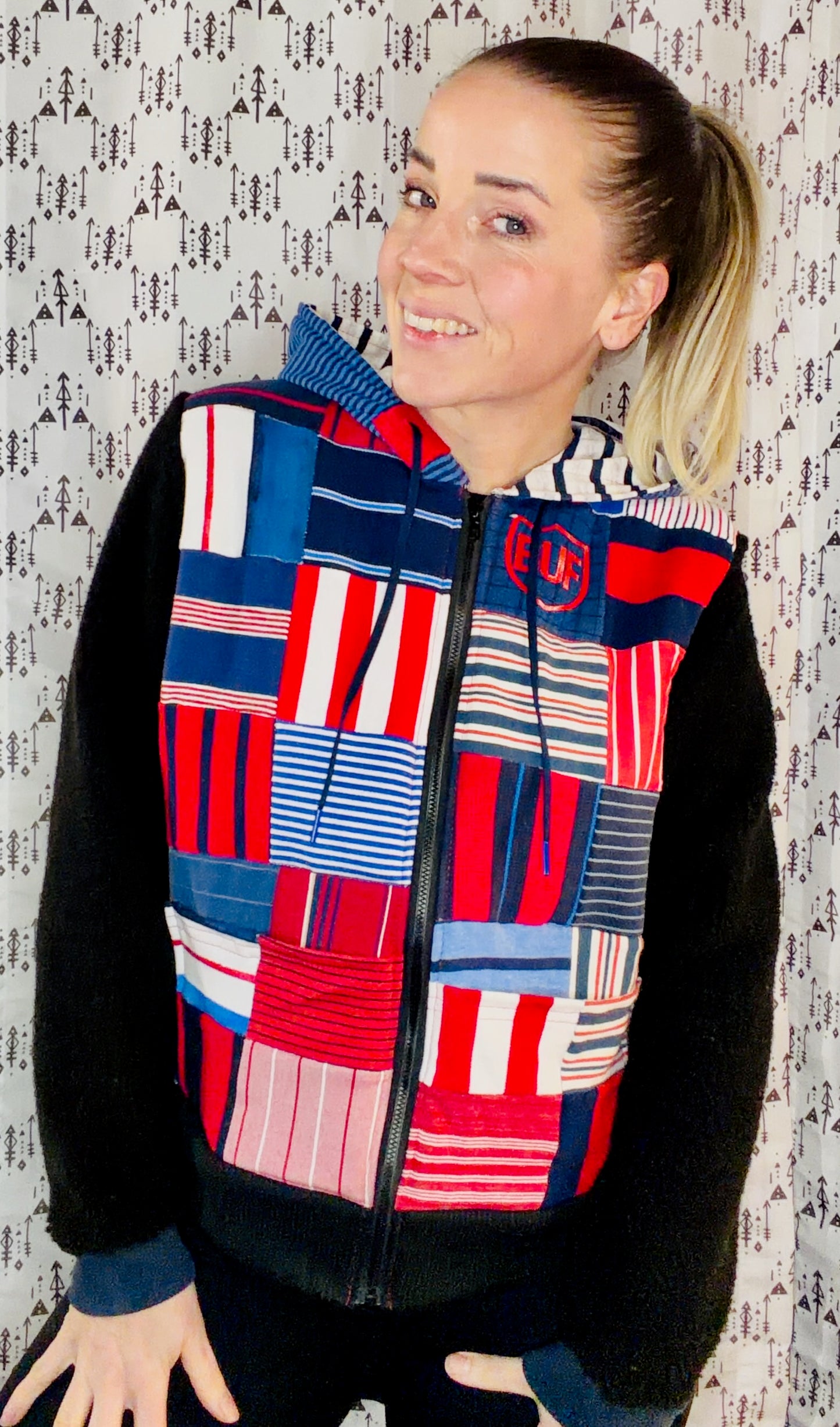 Striped Patchwork BUF Hooded Jacket Size- Women's L/XL