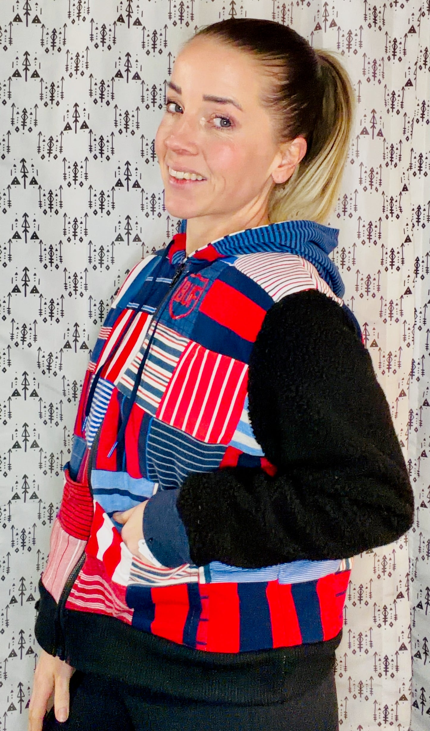 Striped Patchwork BUF Hooded Jacket Size- Women's L/XL