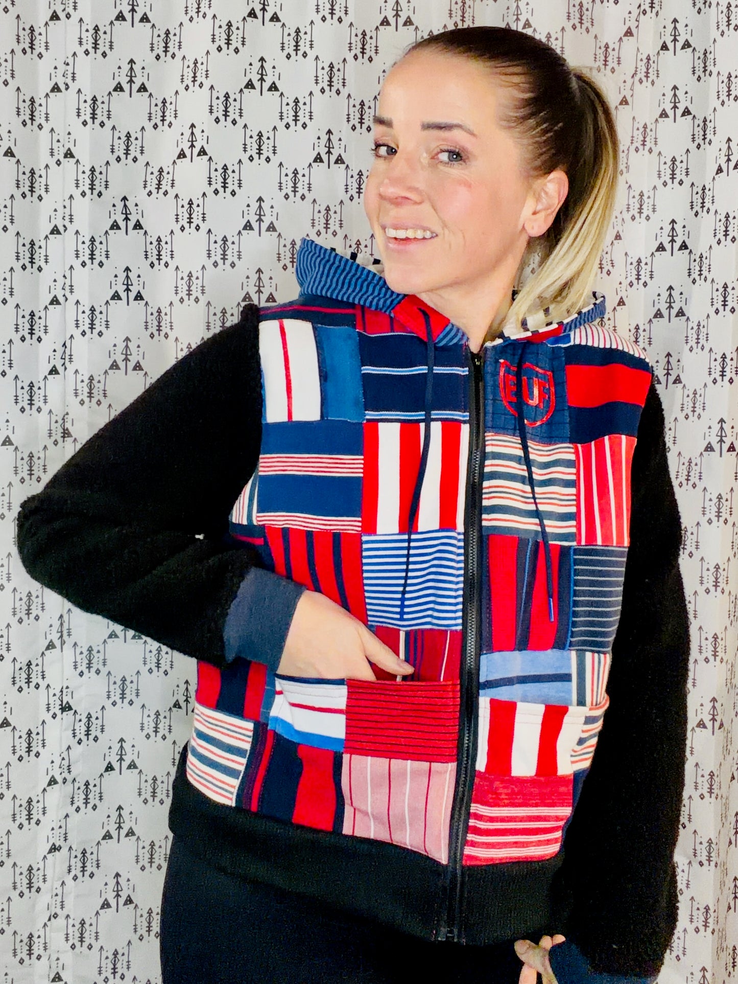 Striped Patchwork BUF Hooded Jacket Size- Women's L/XL