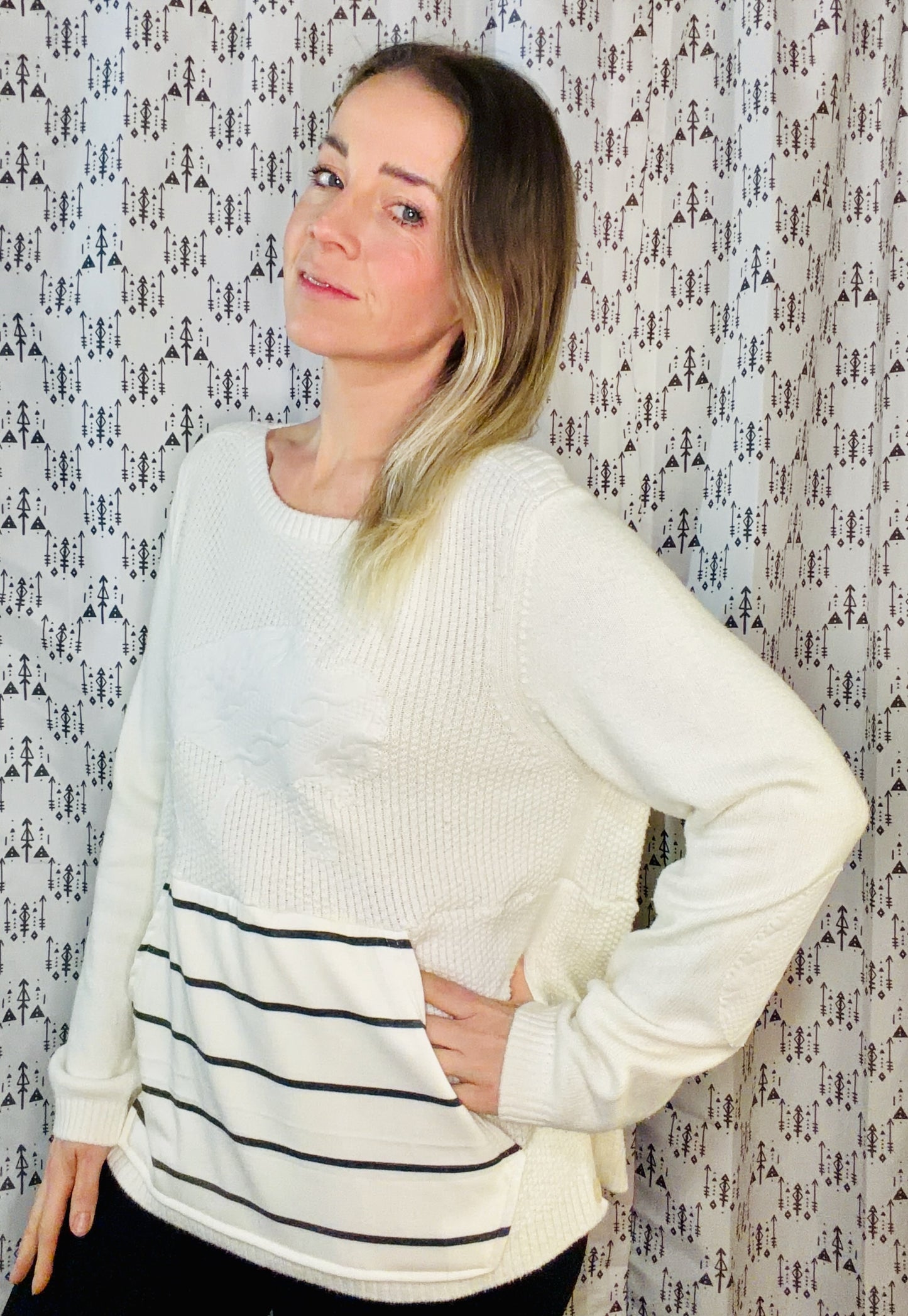 Cream Buffalo Boatneck Sweater Size- Women's L/XL