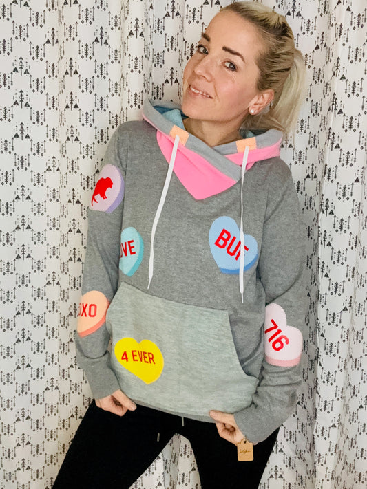 Grey All-Over Buffalo Conversation Heart Sweater Hoodie Size- Women's M/L