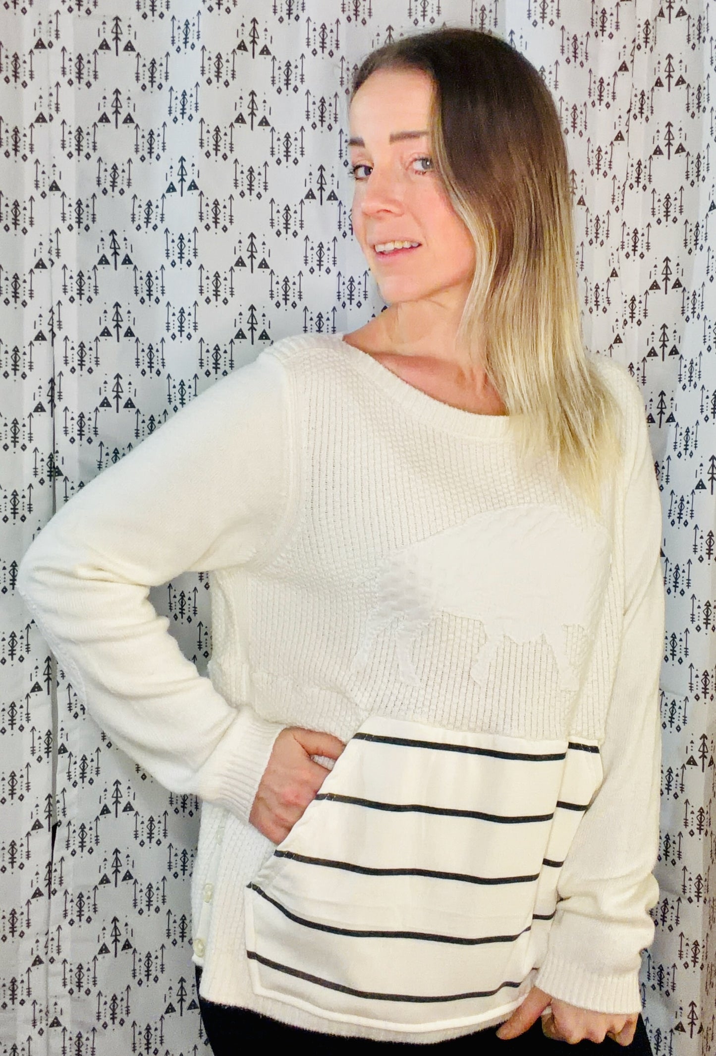 Cream Buffalo Boatneck Sweater Size- Women's L/XL