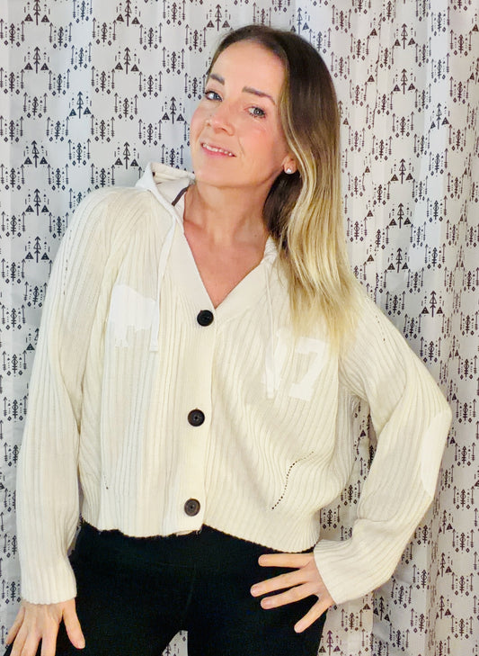 Cream Buffalo #17 Button-Up Sweater Hoodie Size- Women's L/XL