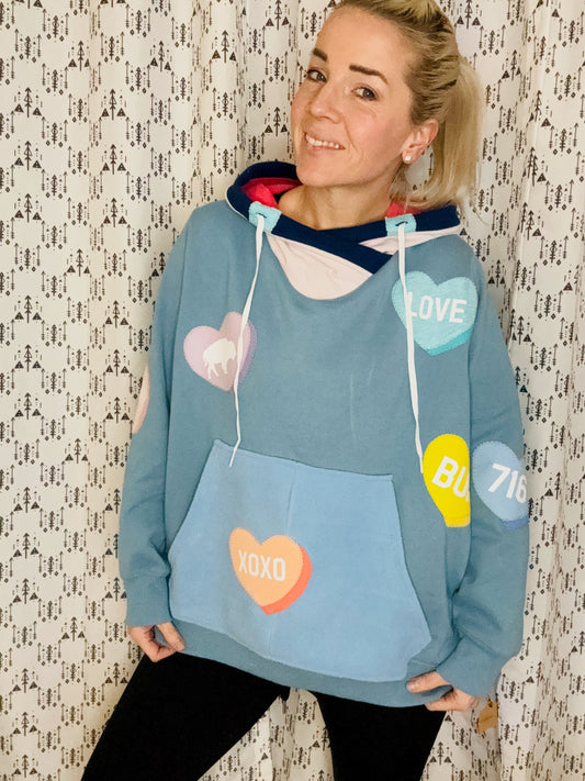 Slate Blue All-Over Buffalo Conversation Heart Hoodie Size- Women's 2X