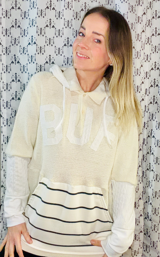 Cream BUF 1/4 Button-Up Sweater Hoodie Size- Women's XL/2X