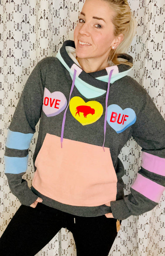 Dark Grey Buffalo Conversation Heart Hoodie Size- Women's M/L