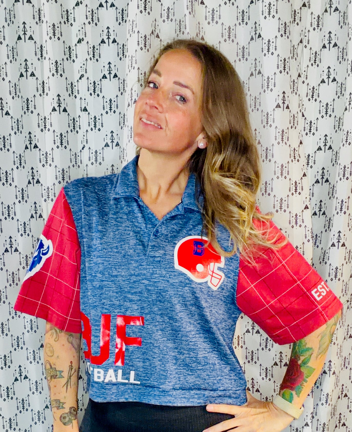Blue Striped BUF Football Crop Polo-Women's M/L