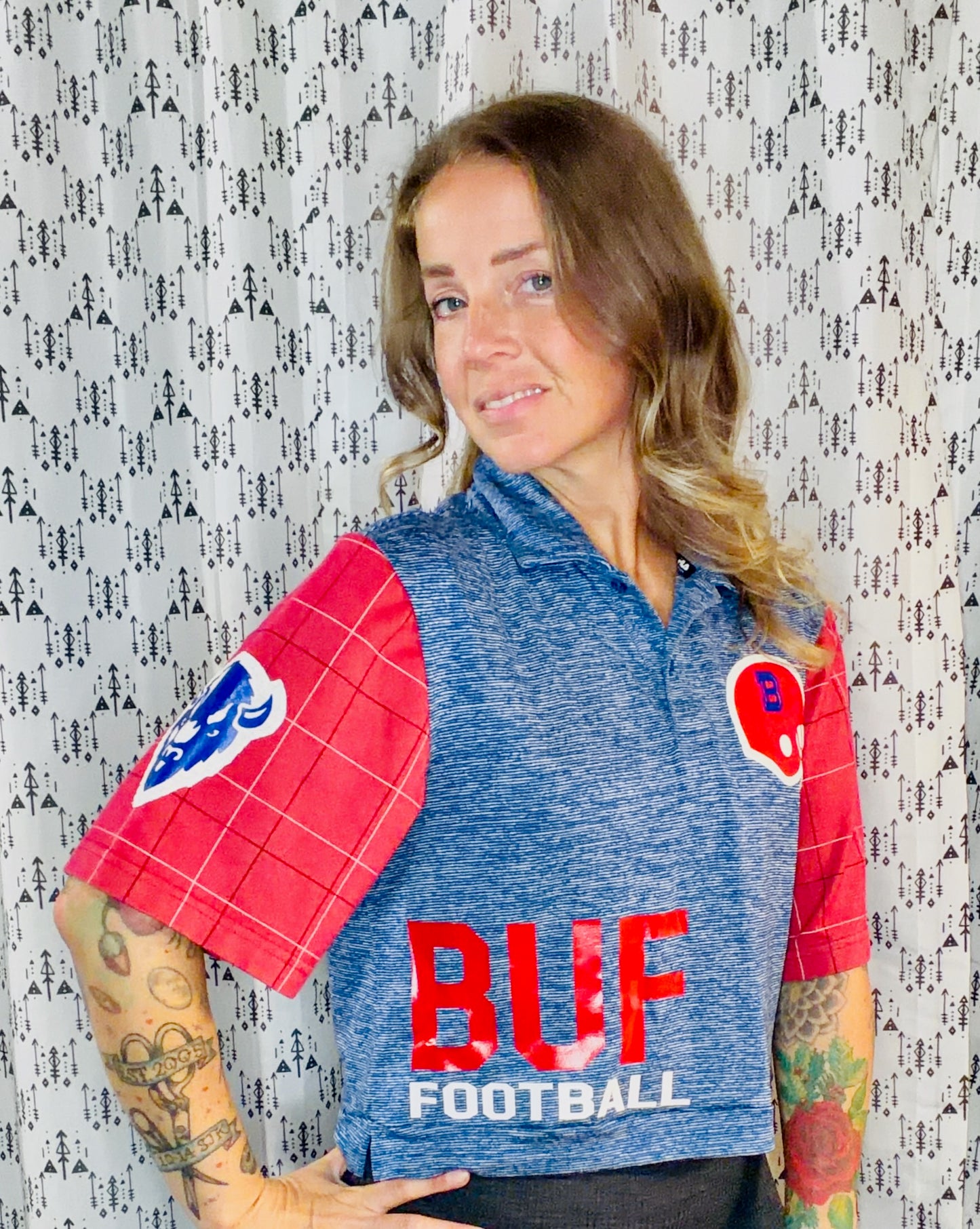 Blue Striped BUF Football Crop Polo-Women's M/L