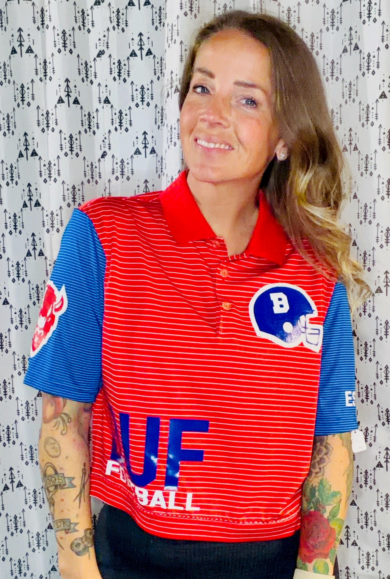 Red Striped BUF Football Crop Polo-Women's M/L