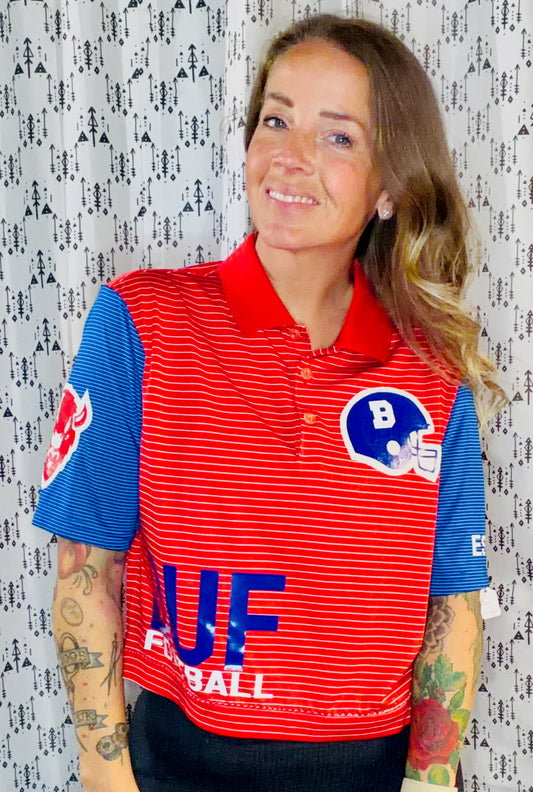 Red Striped BUF Football Crop Polo-Women's M/L