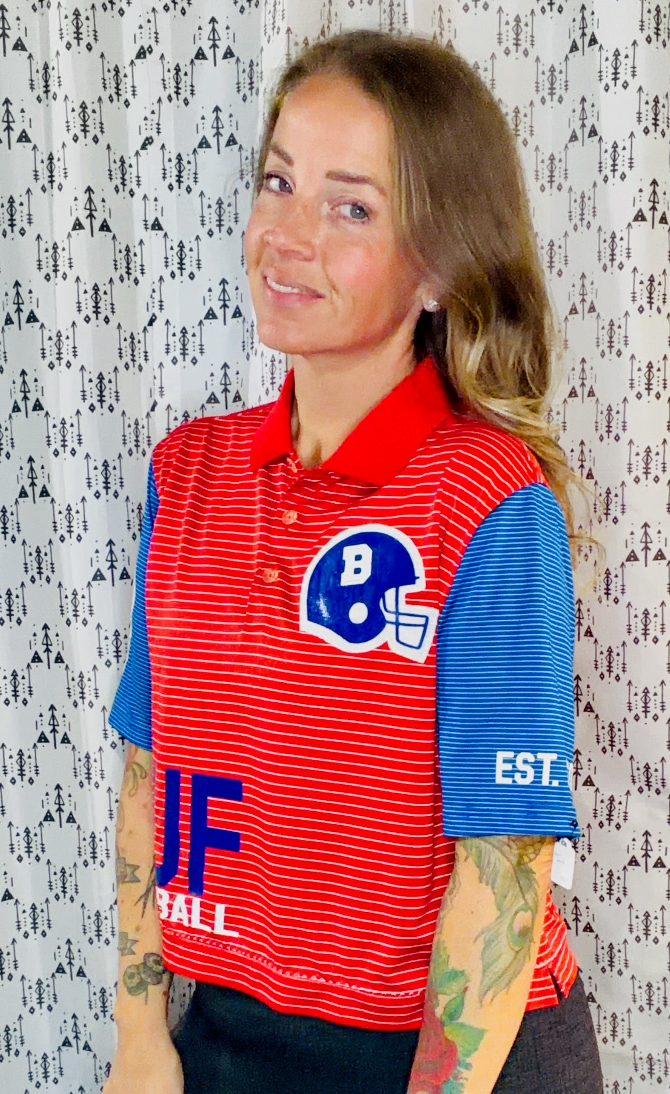 Red Striped BUF Football Crop Polo-Women's M/L