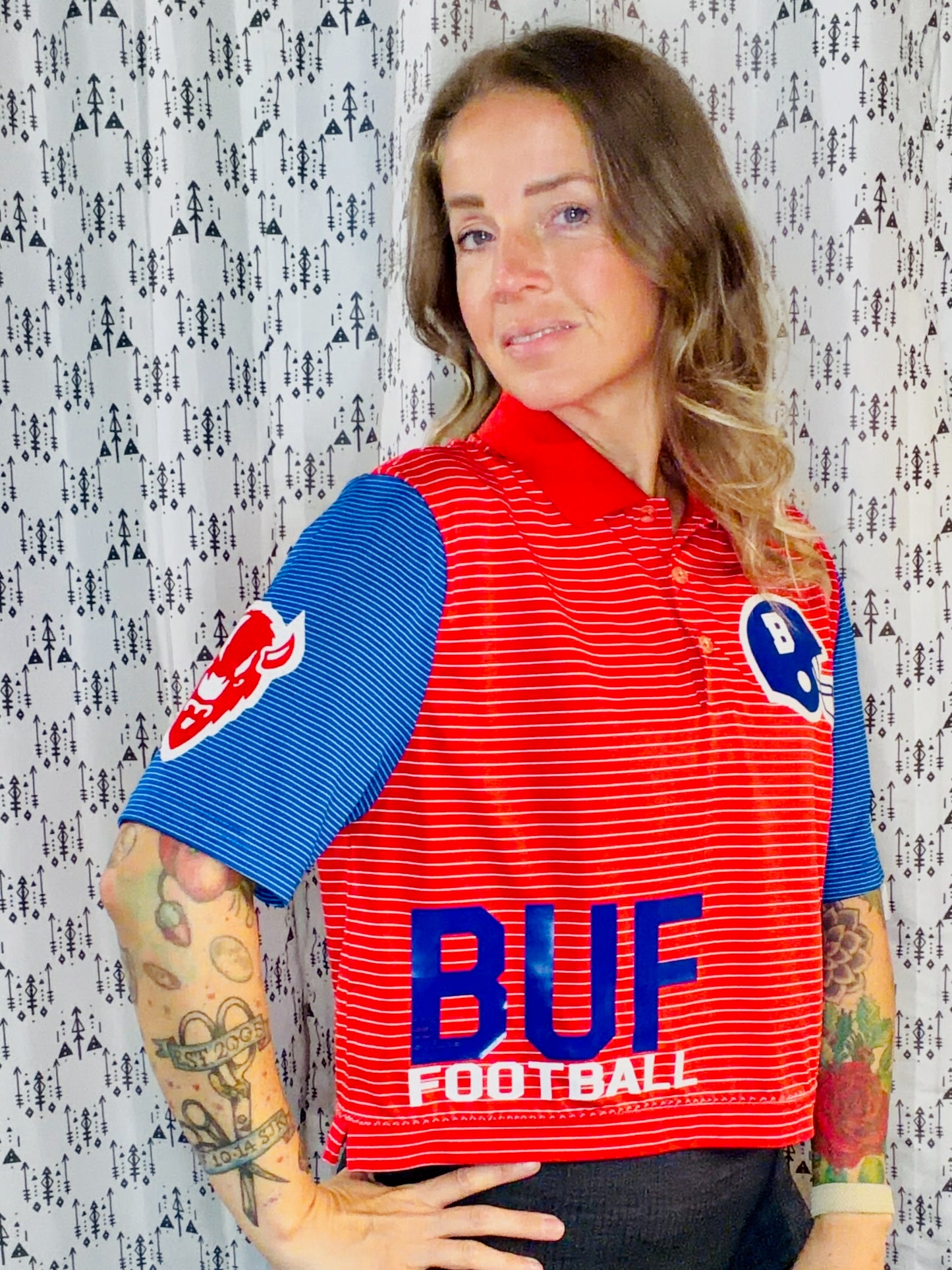 Red Striped BUF Football Crop Polo-Women's M/L