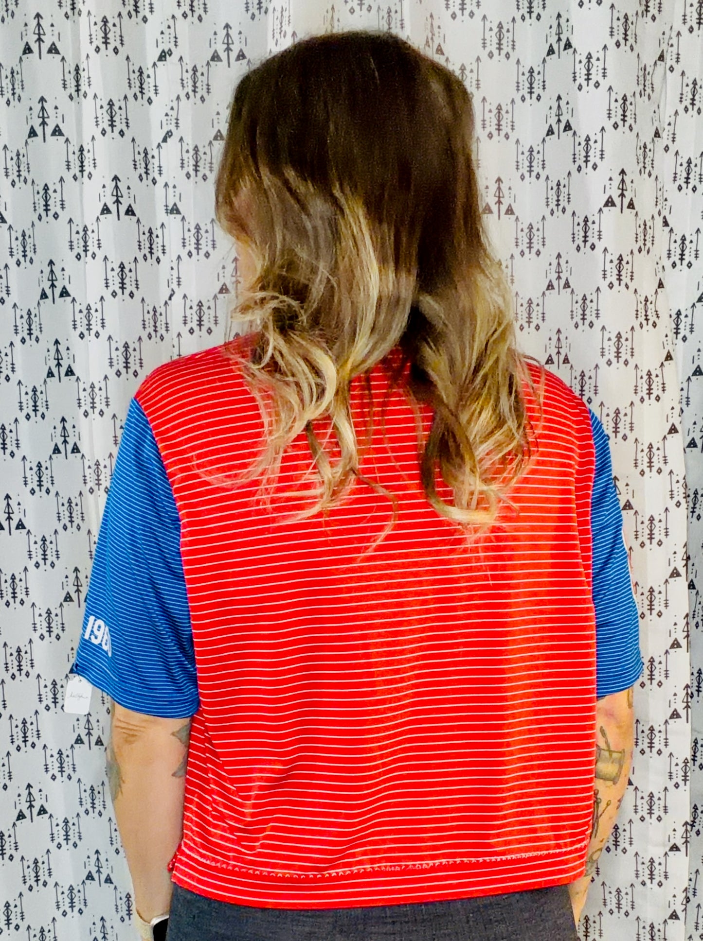 Red Striped BUF Football Crop Polo-Women's M/L