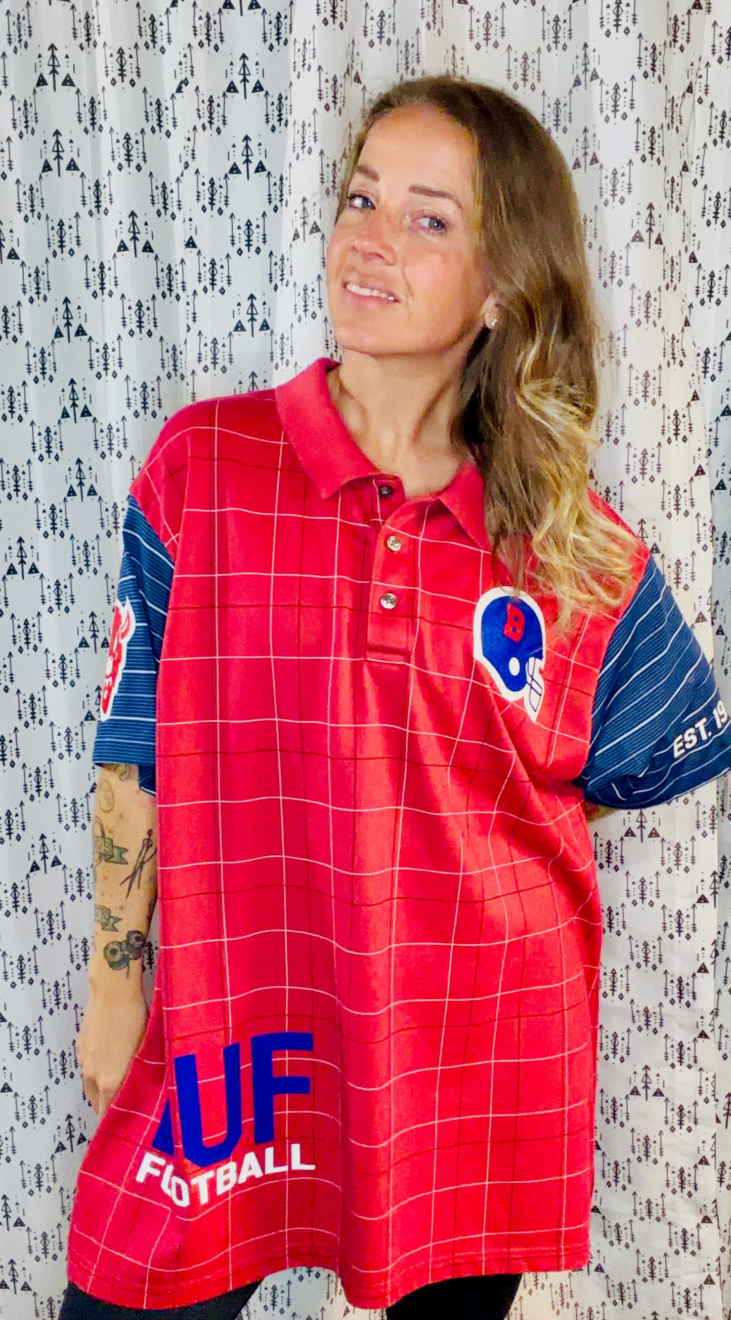 Red Plaid BUF Football Polo Unisex Size- XL/2X
