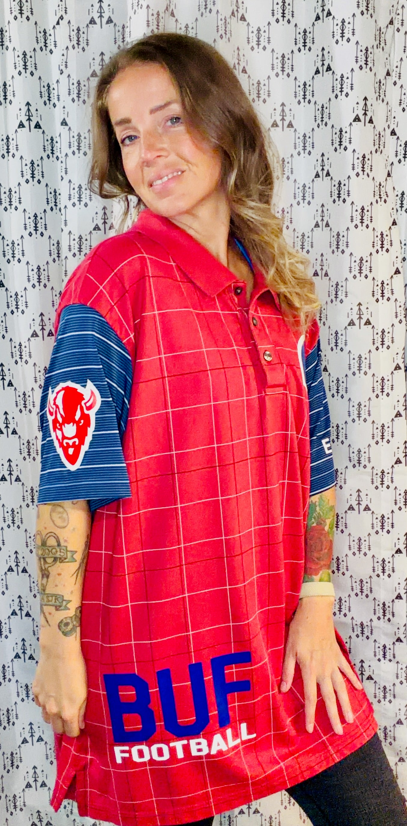 Red Plaid BUF Football Polo Unisex Size- XL/2X