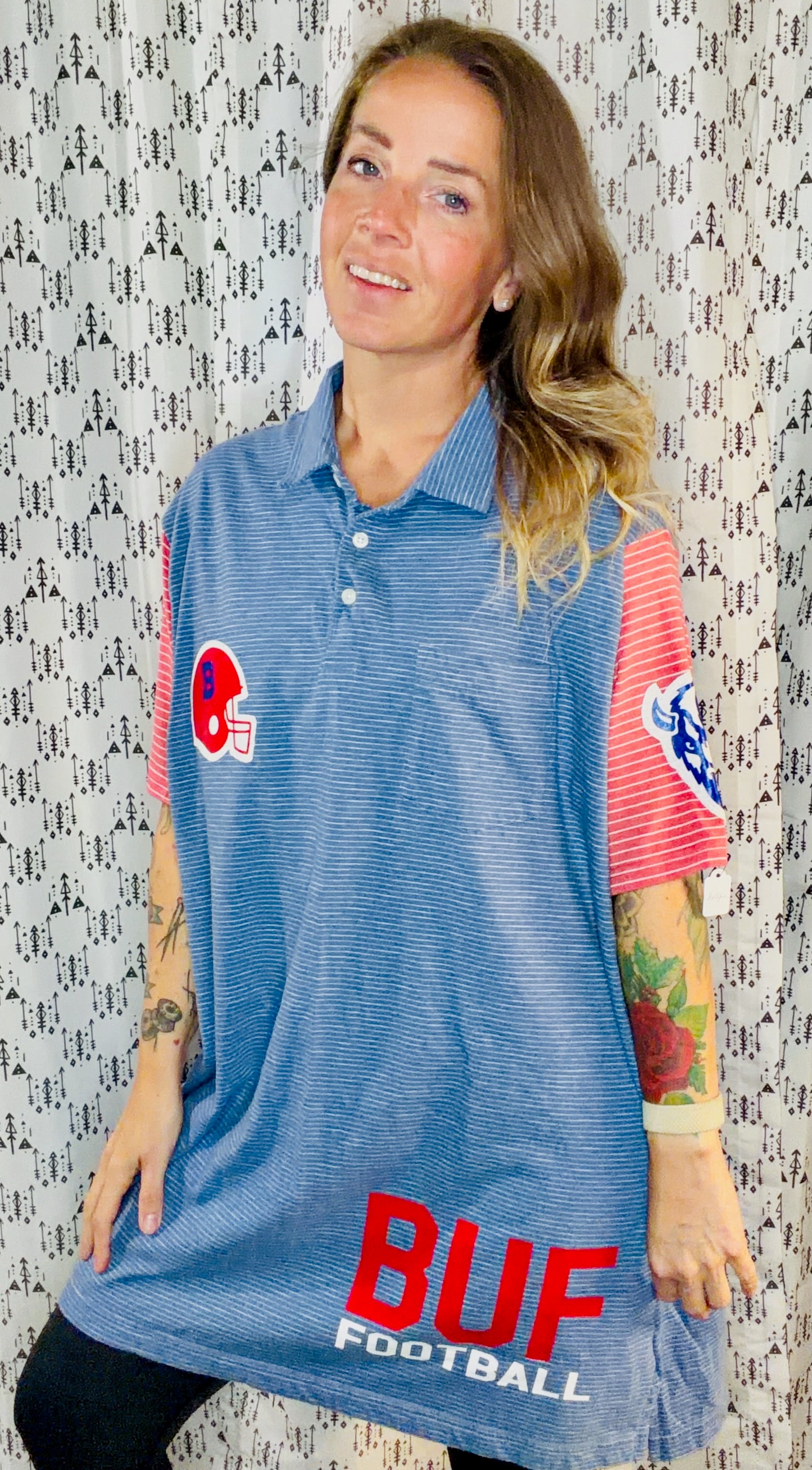 Light Blue Striped BUF Football Polo Unisex Size- XL/2X