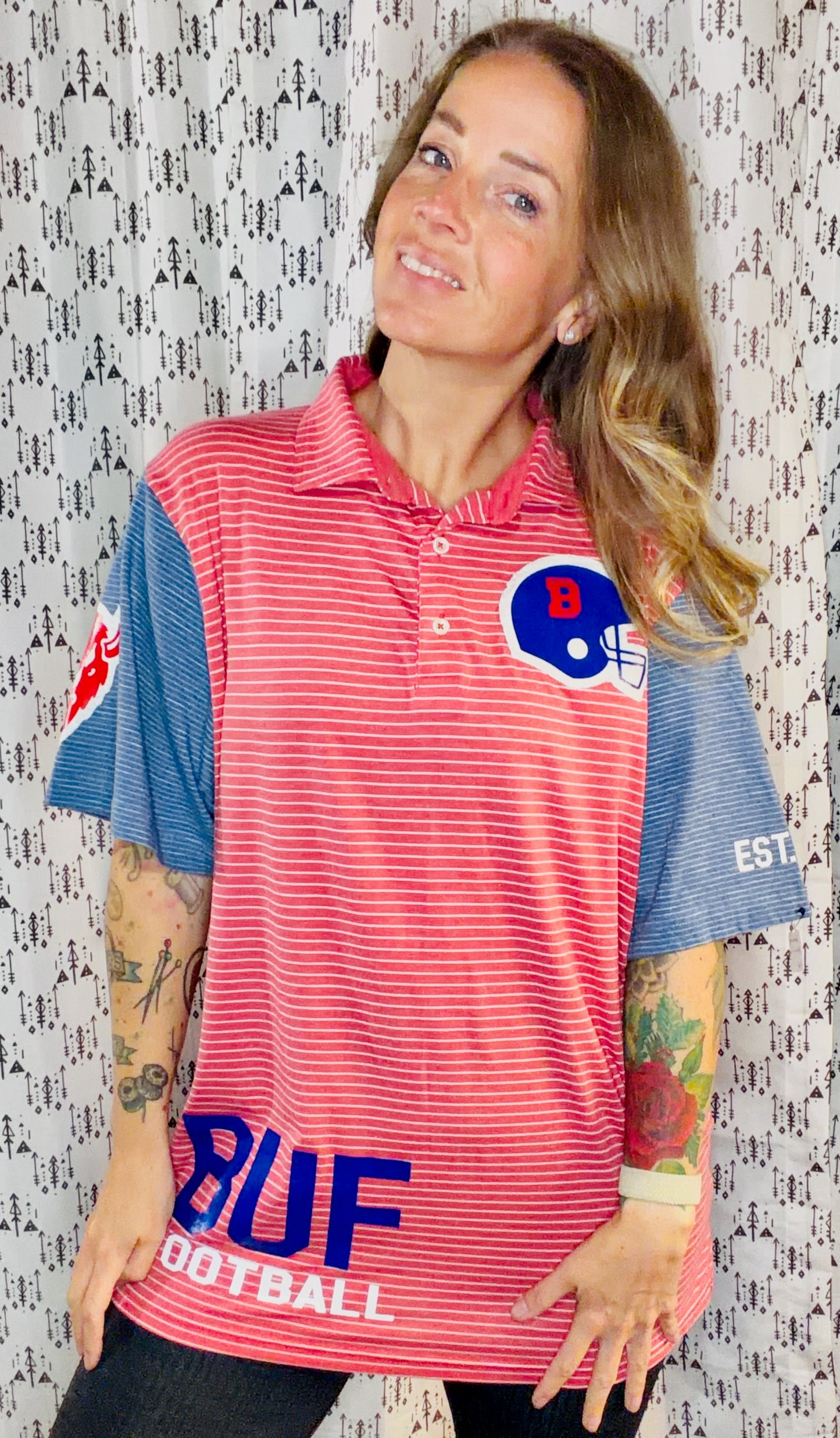 Light Red Striped BUF Football Polo Unisex Size- M/L