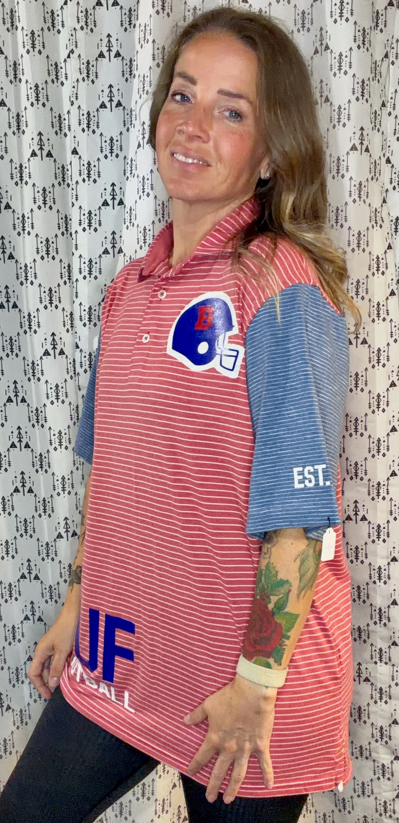 Light Red Striped BUF Football Polo Unisex Size- M/L