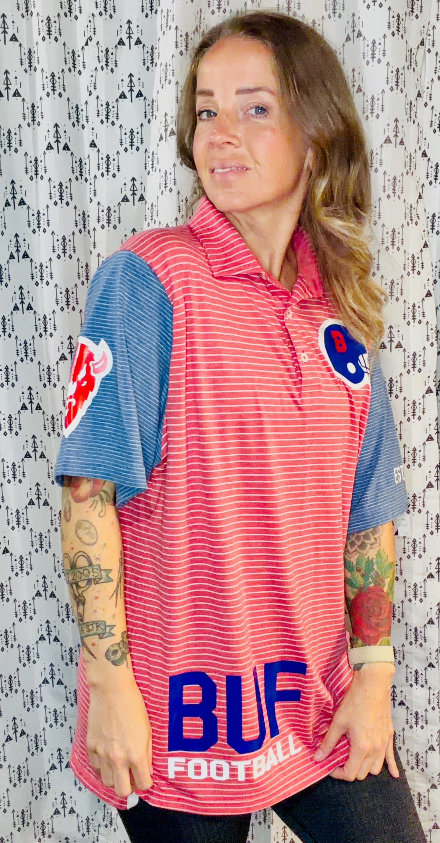 Light Red Striped BUF Football Polo Unisex Size- M/L