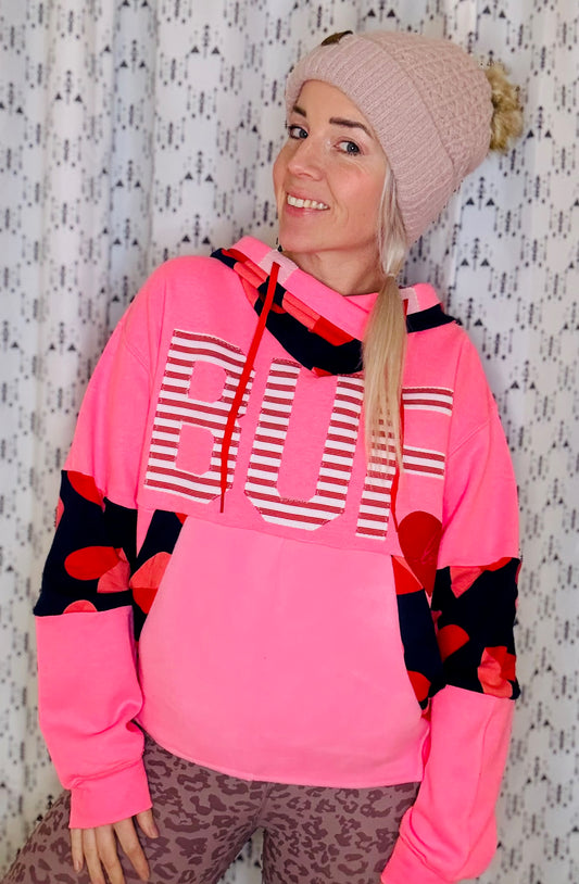 Neon Pink BUF Heart Hoodie Size- Women's M/L