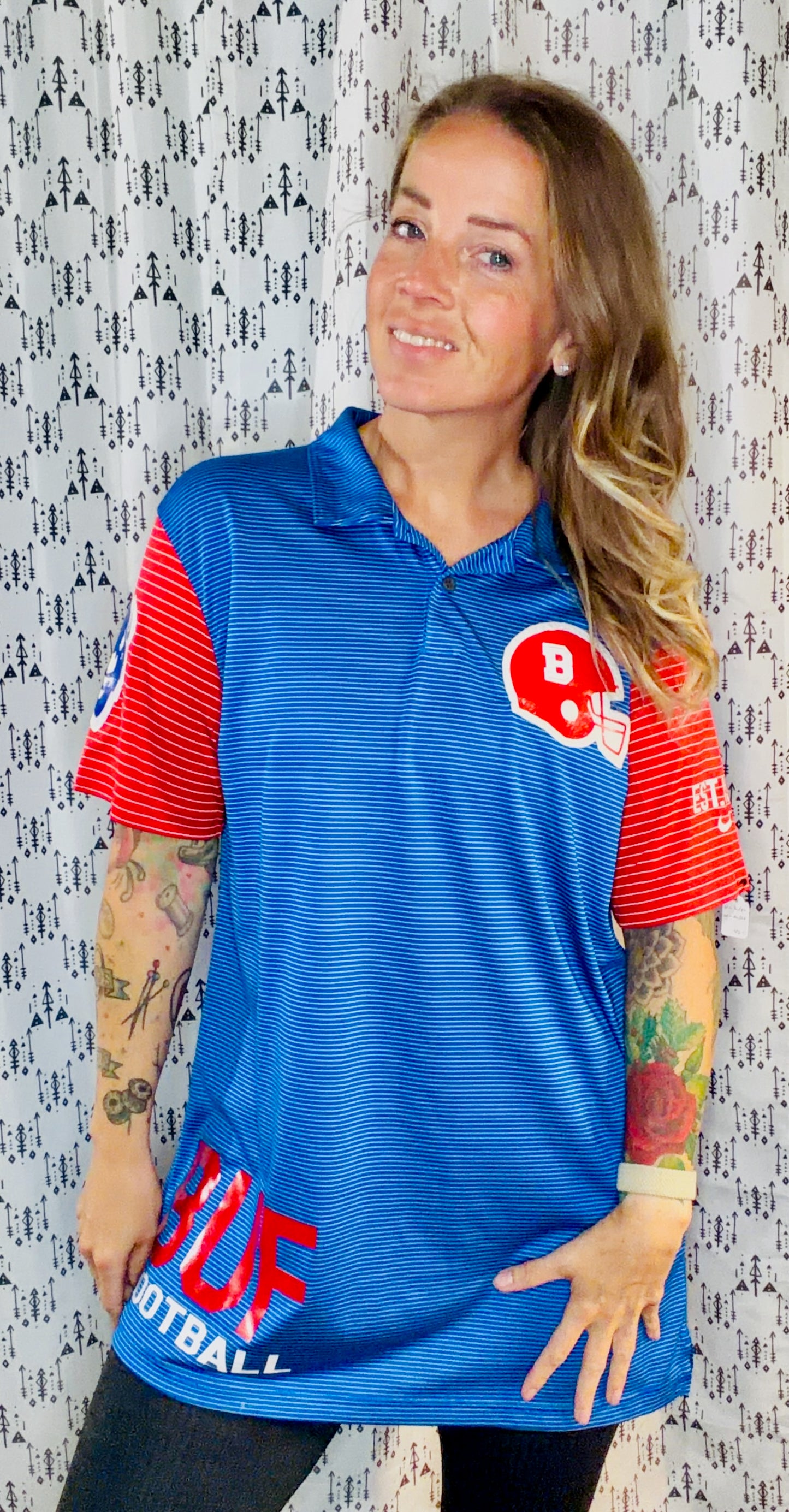 Blue Striped BUF Football Polo Unisex Size- L/XL