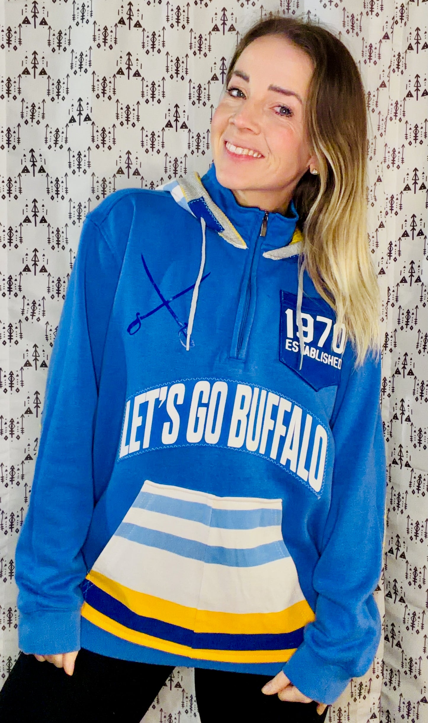 Blue Let's Go Buffalo Hockey 1/4 Zip Hoodie Size Unisex- M/L