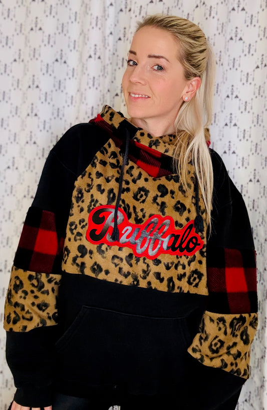 Red Plaid & Leopard Buffalo Hoodie Size- Women's L/XL