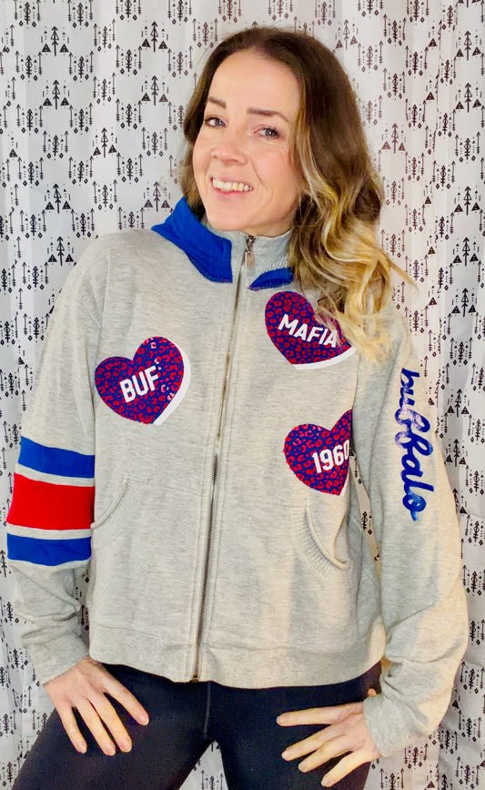 Grey Buffalo Football Heart Zip-Up Hoodie Size Women's-L/XL