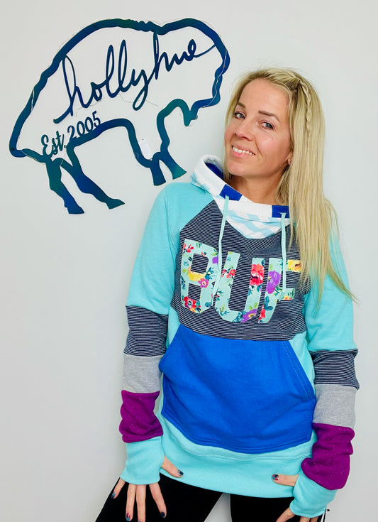 Turquoise Color-Blocked Floral BUF Hoodie Size- Women's M/L