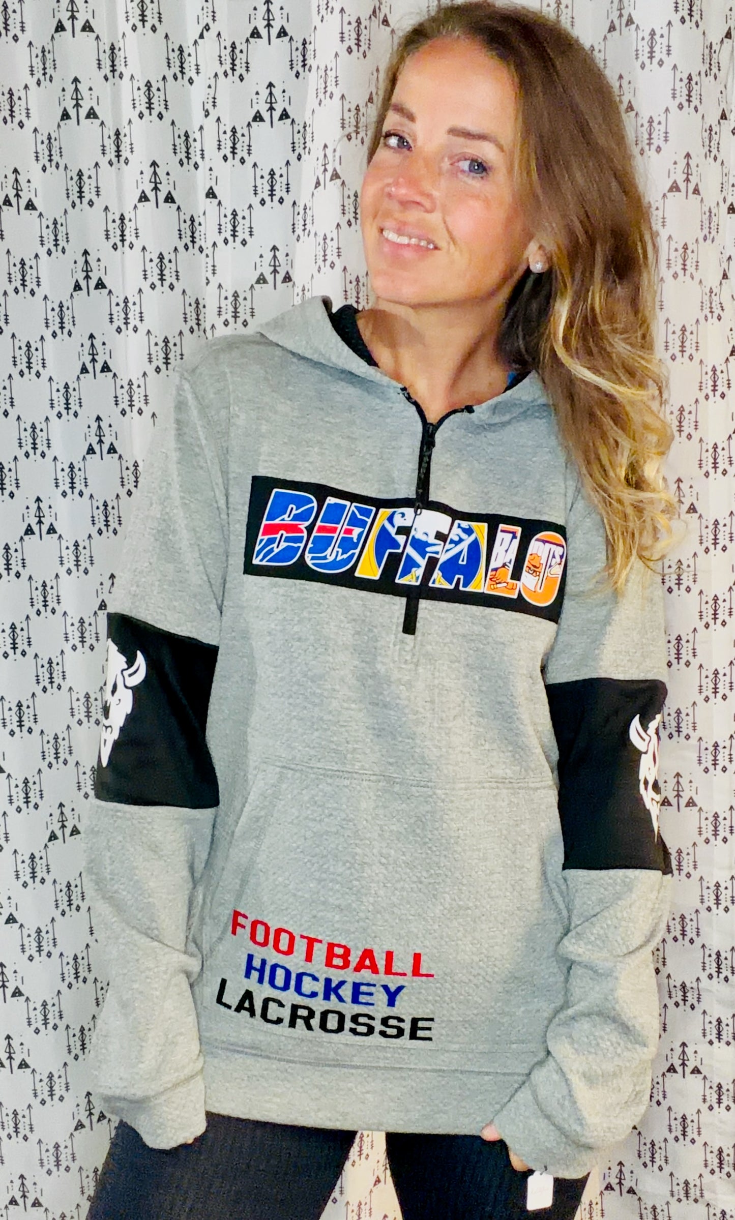 Grey 1/4 Zip One Buffalo Hoodie Size- Unisex M/L