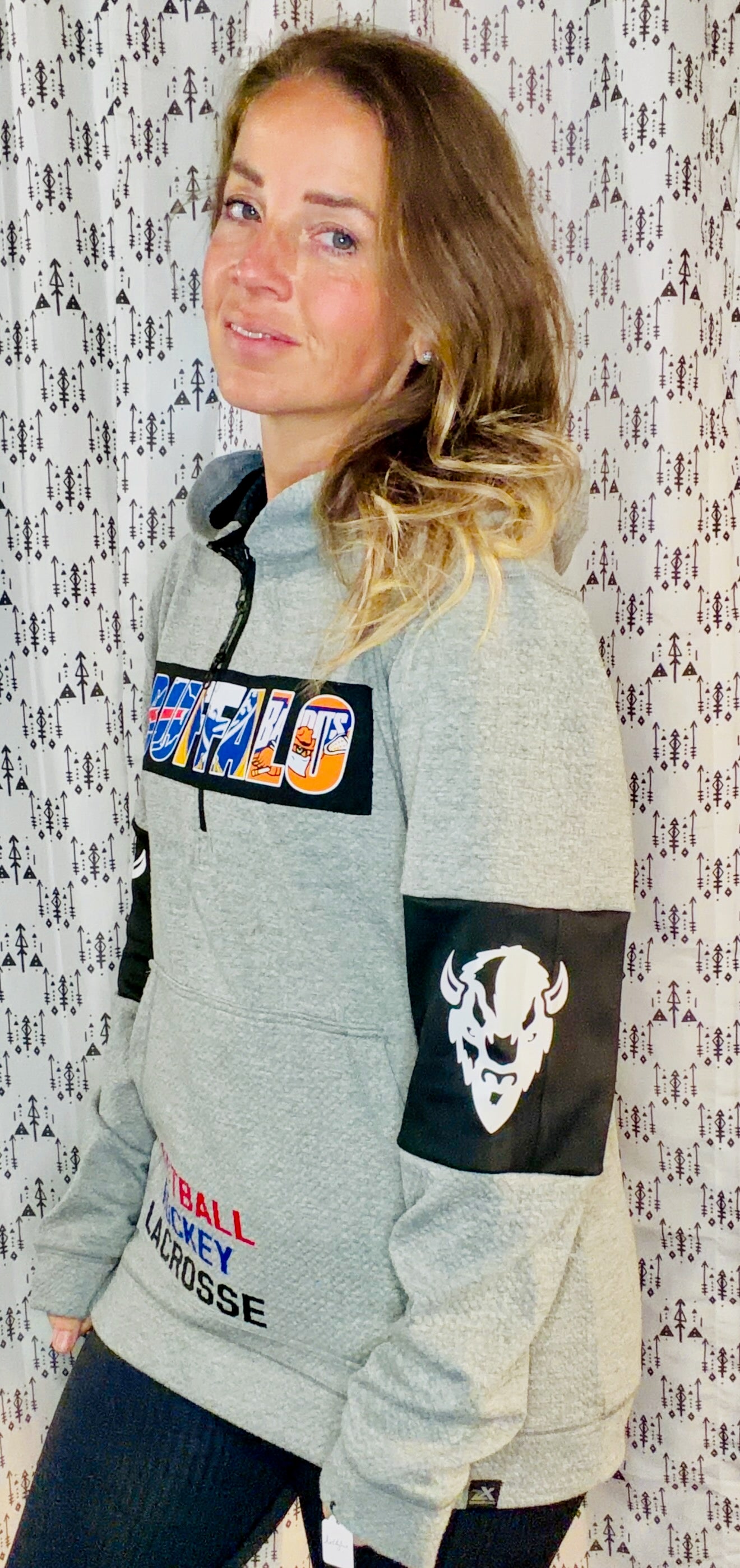 Grey 1/4 Zip One Buffalo Hoodie Size- Unisex M/L