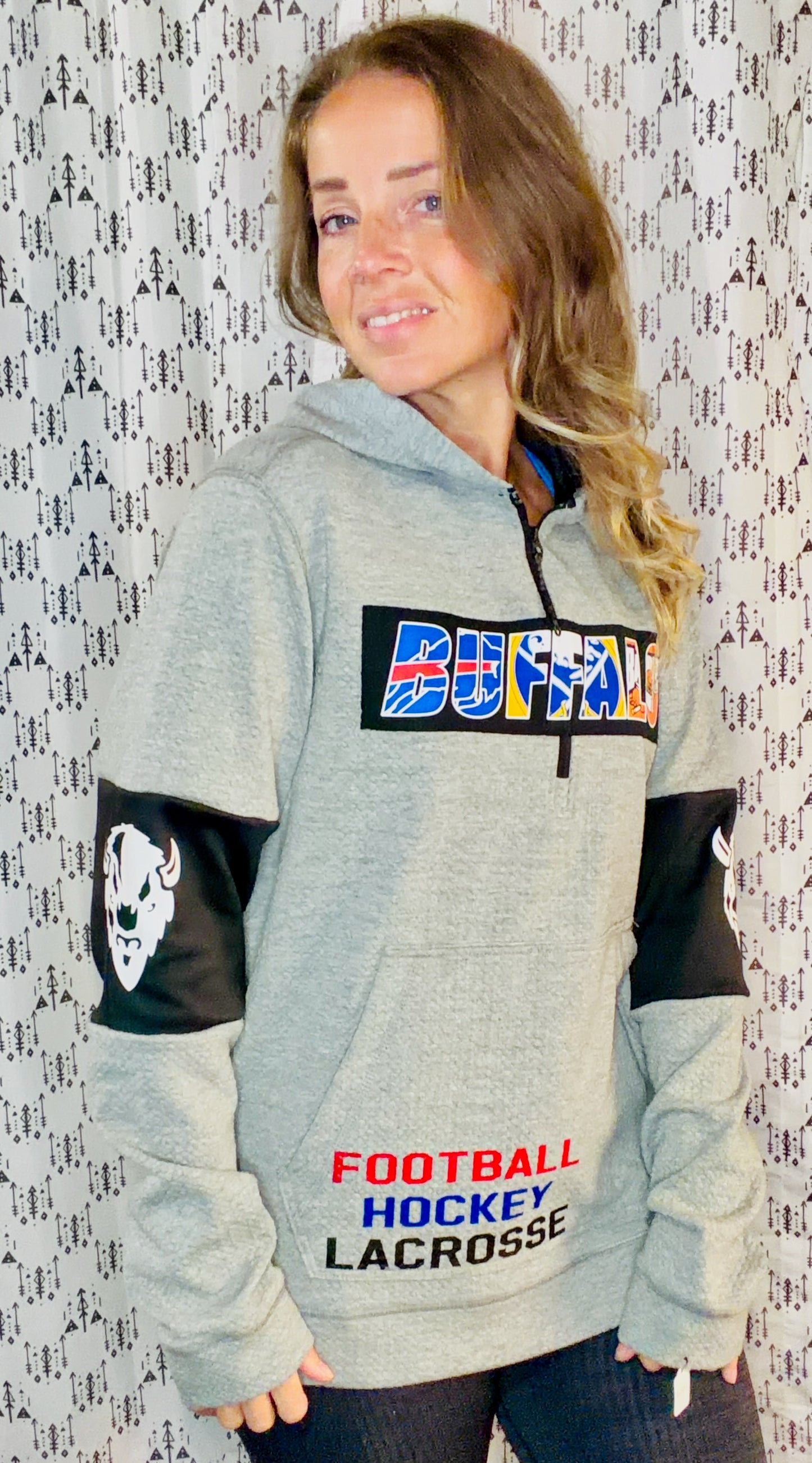 Grey 1/4 Zip One Buffalo Hoodie Size- Unisex M/L
