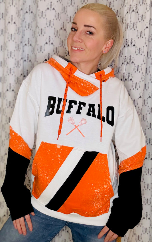 White Buffalo Color-Blocked & Bleached Lacrosse Hoodie Size- Unisex M/L