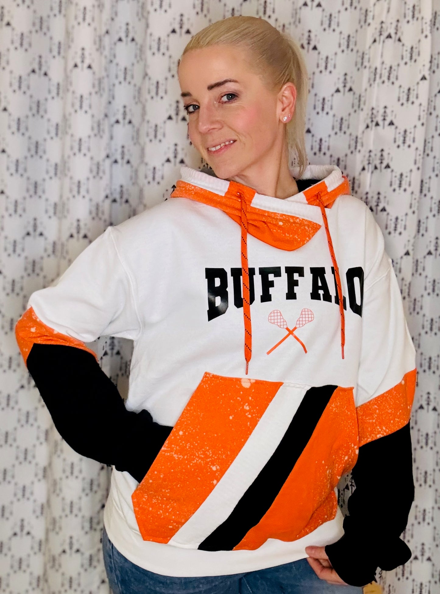 White Buffalo Color-Blocked & Bleached Lacrosse Hoodie Size- Unisex M/L